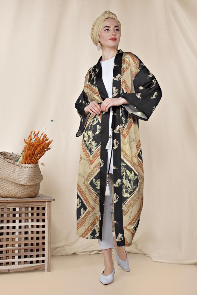 Hijab clothing BEIGE PATTERNED BELTED KIMONO 4089  - ALVİNA