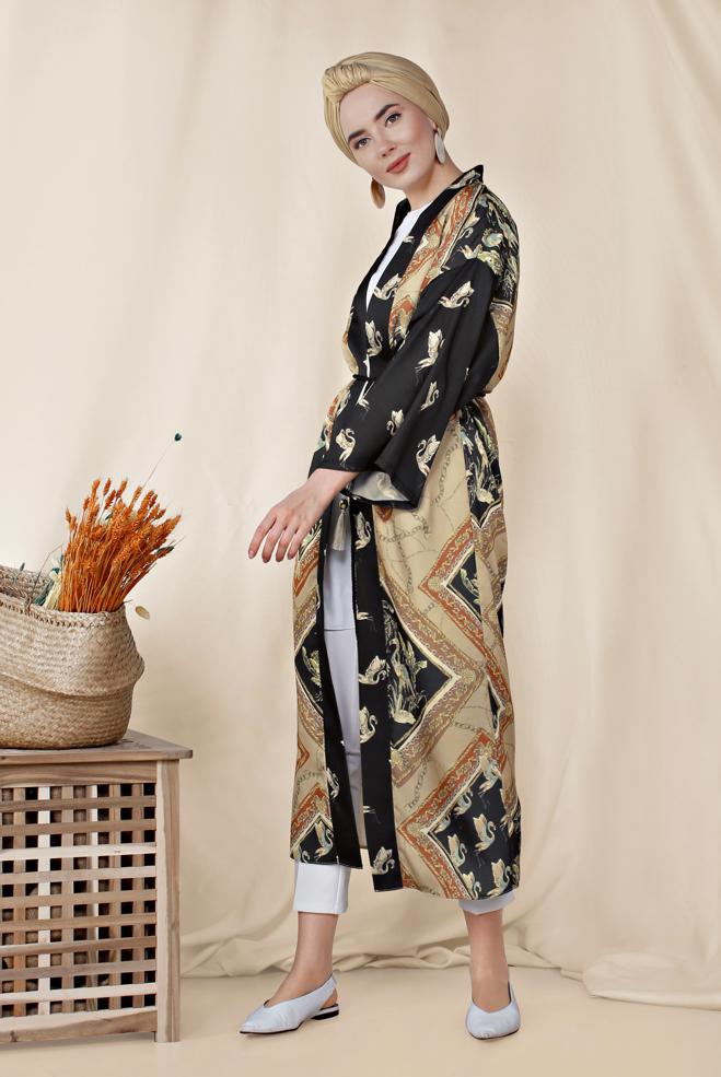 Hijab clothing BEIGE PATTERNED BELTED KIMONO 4089  - ALVİNA