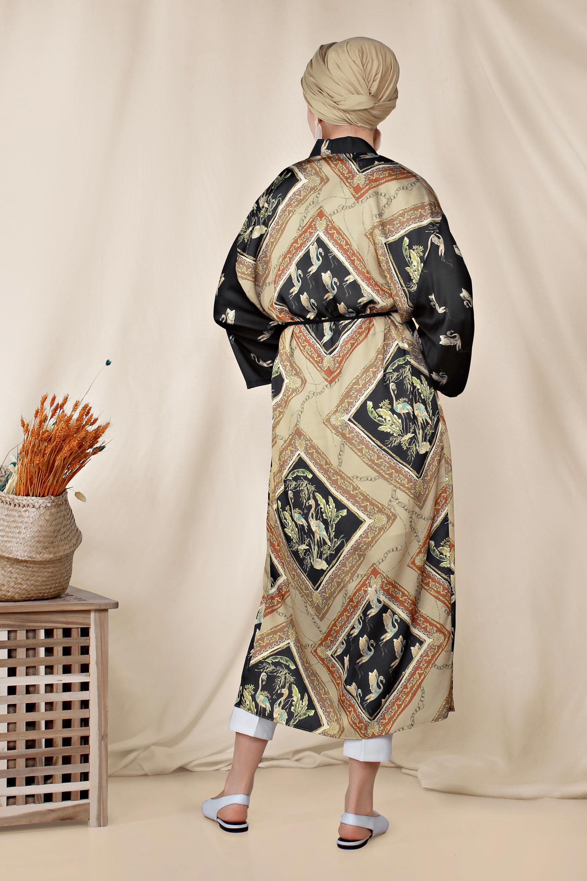 Hijab clothing BEIGE PATTERNED BELTED KIMONO 4089 