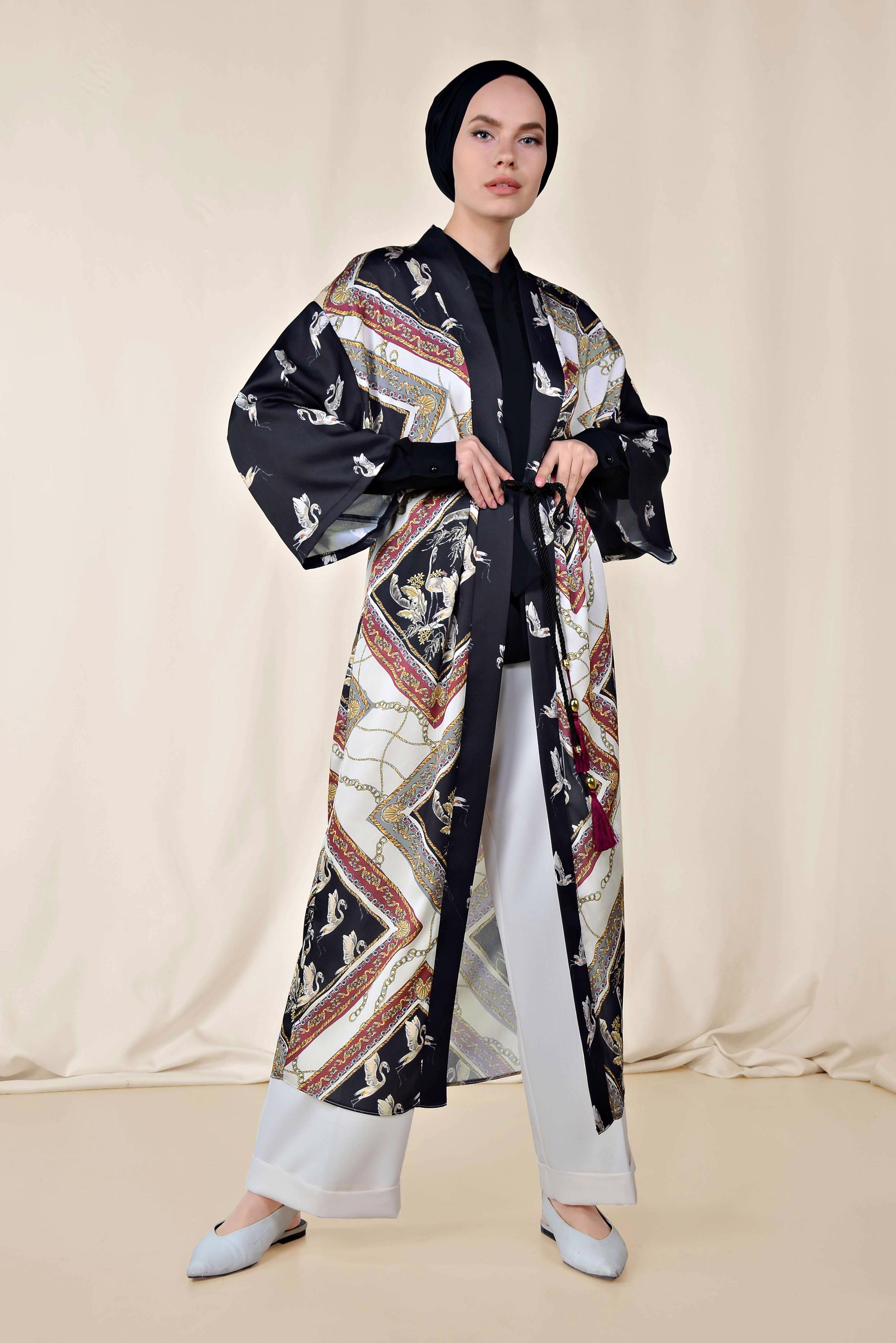 Hijab clothing GREY PATTERNED BELTED KIMONO 4089 