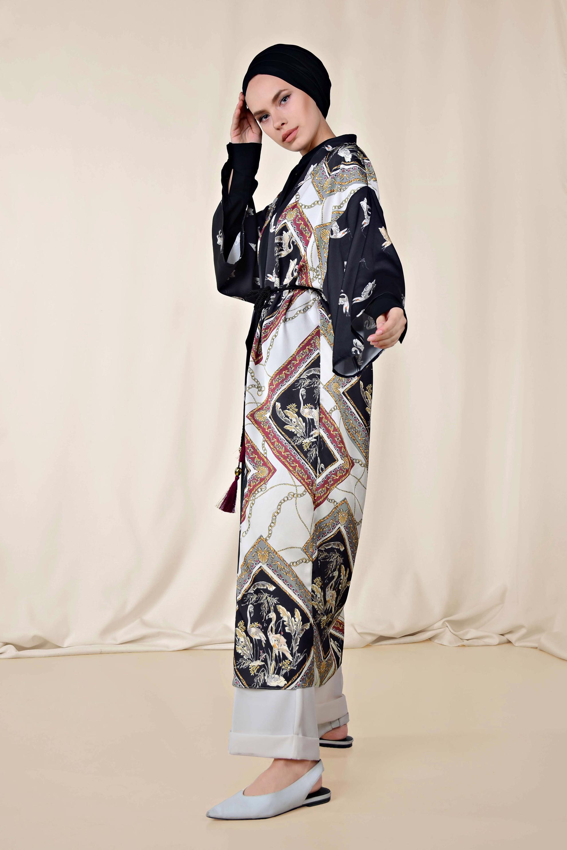Hijab clothing GREY PATTERNED BELTED KIMONO 4089 
