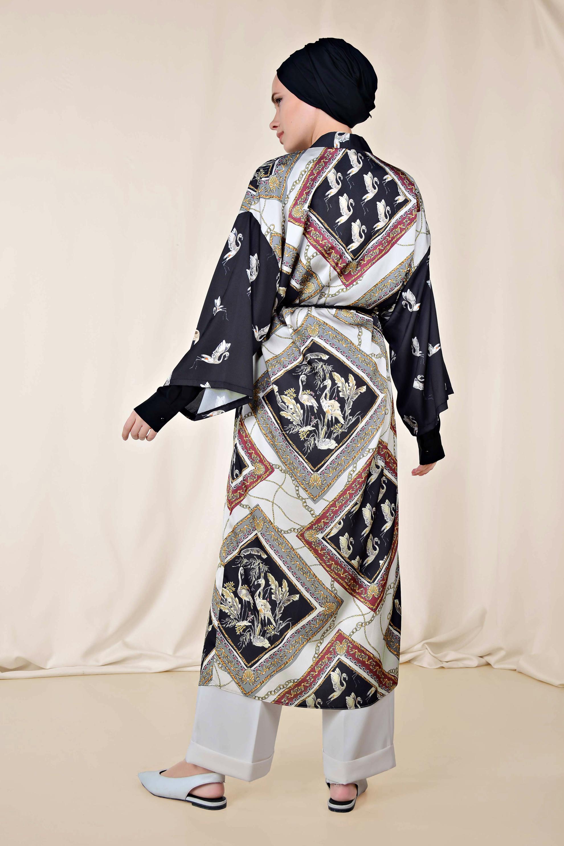 Hijab clothing GREY PATTERNED BELTED KIMONO 4089 