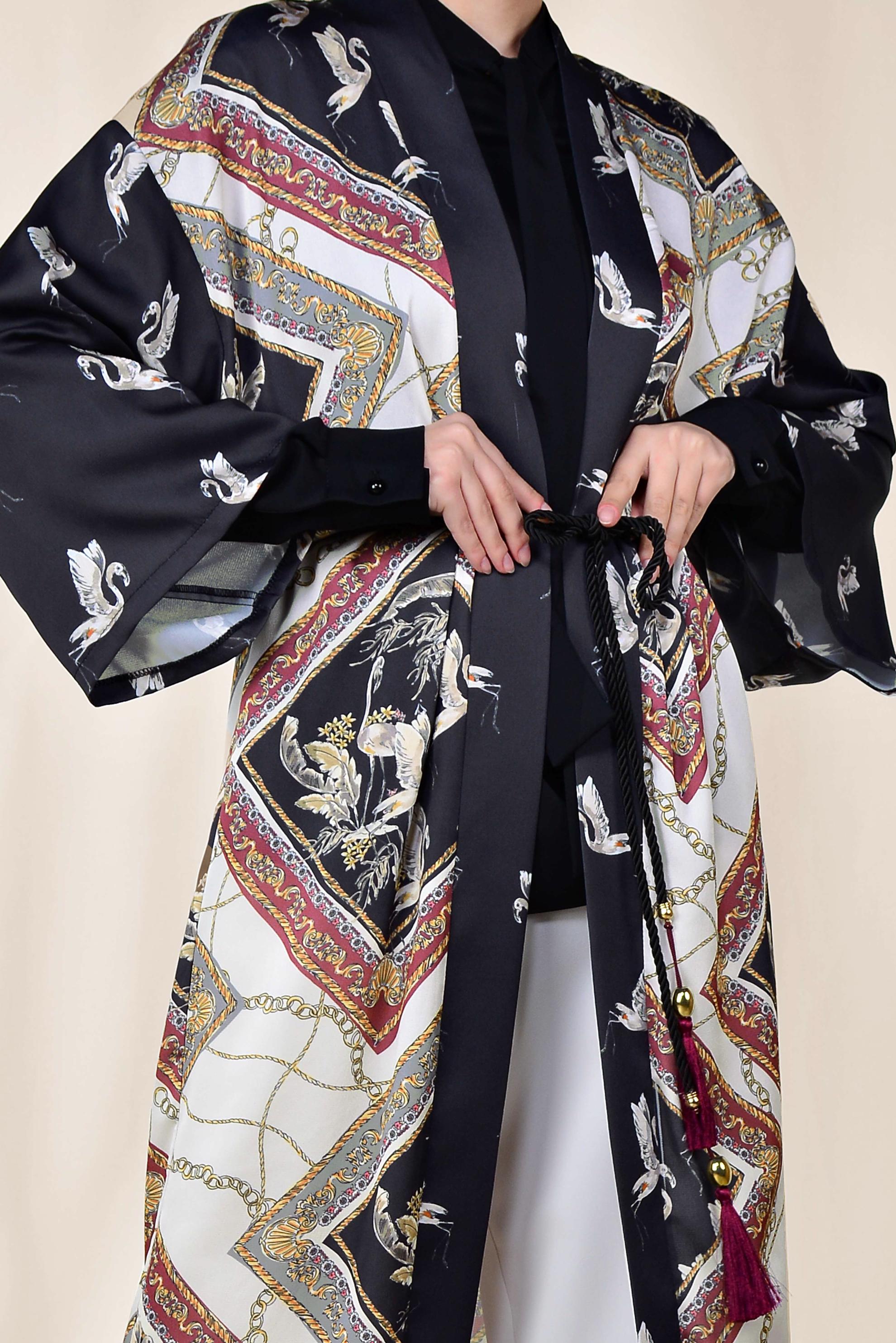 Hijab clothing GREY PATTERNED BELTED KIMONO 4089 