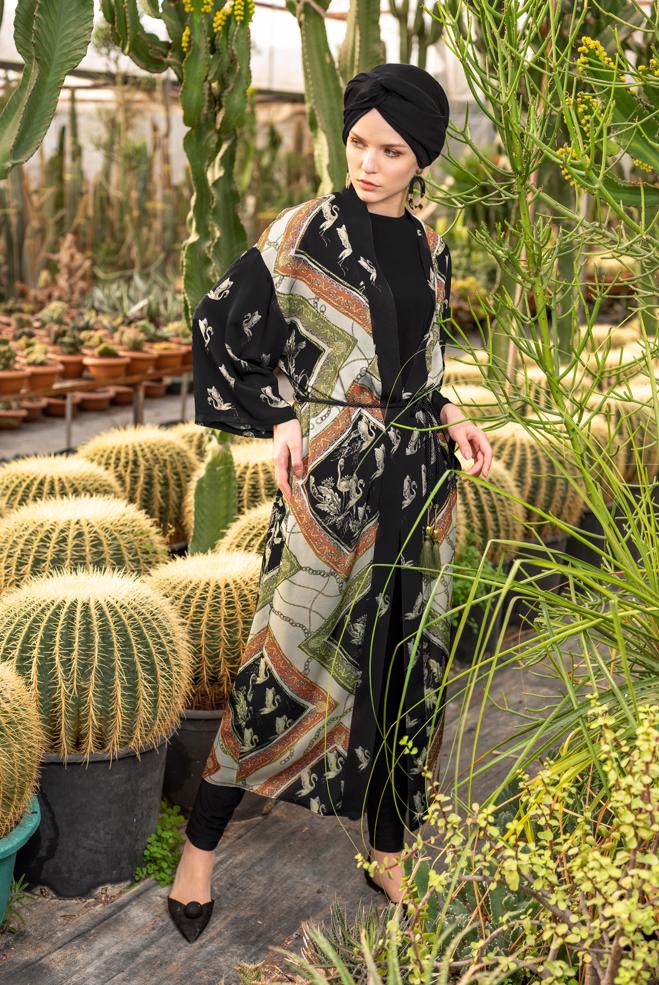 Hijab clothing ECRU PATTERNED BELTED KIMONO 4089  - ALVİNA