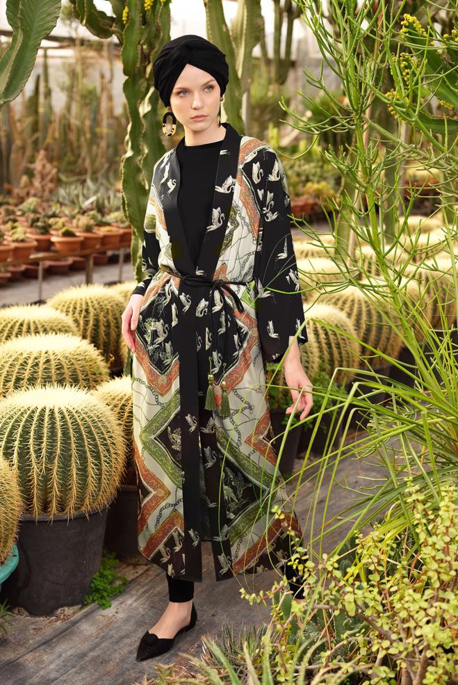 Hijab clothing ECRU PATTERNED BELTED KIMONO 4089  - ALVİNA