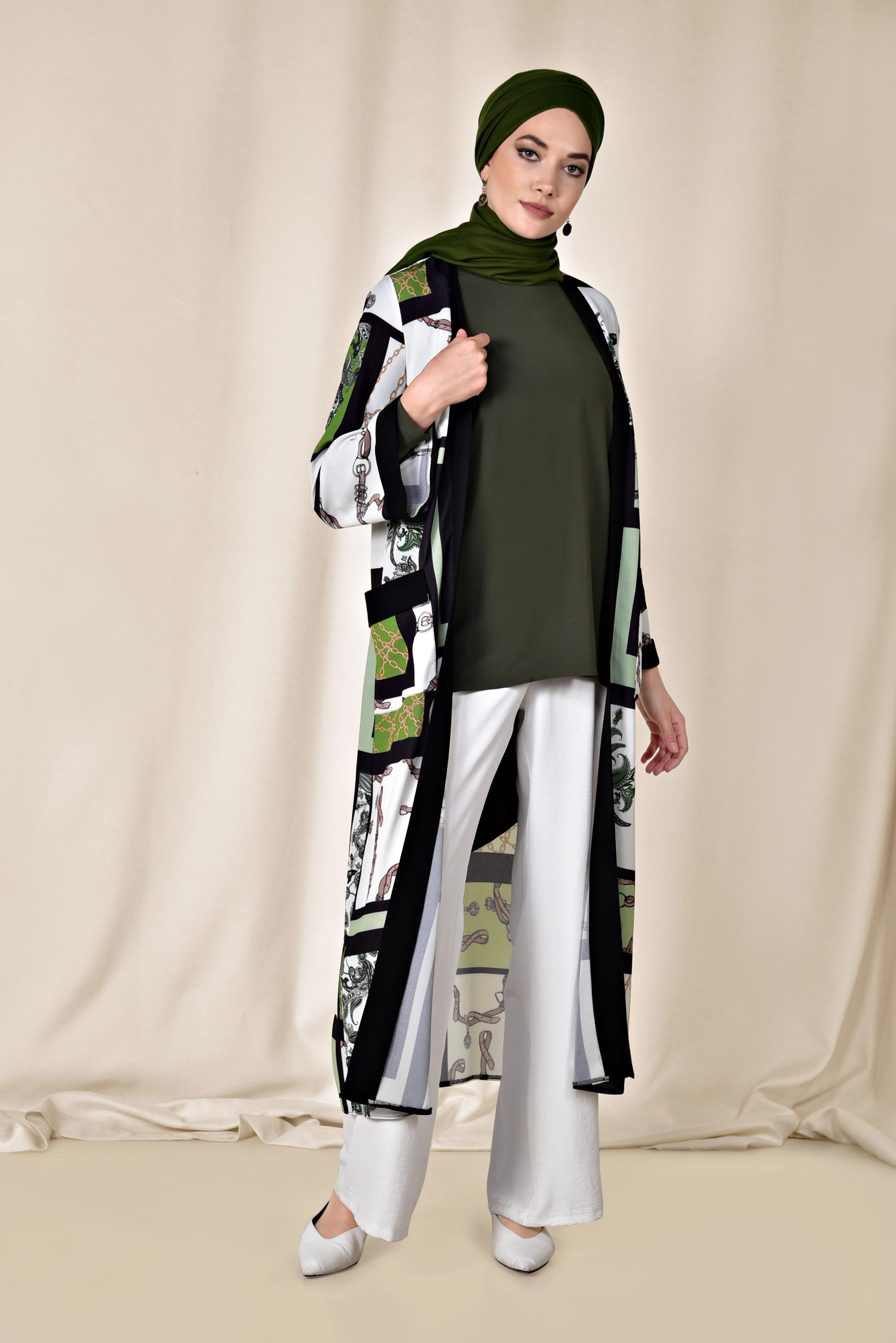 Hijab clothing GREEN POCKET DETAIL PATTERNED KIMONO 4921 