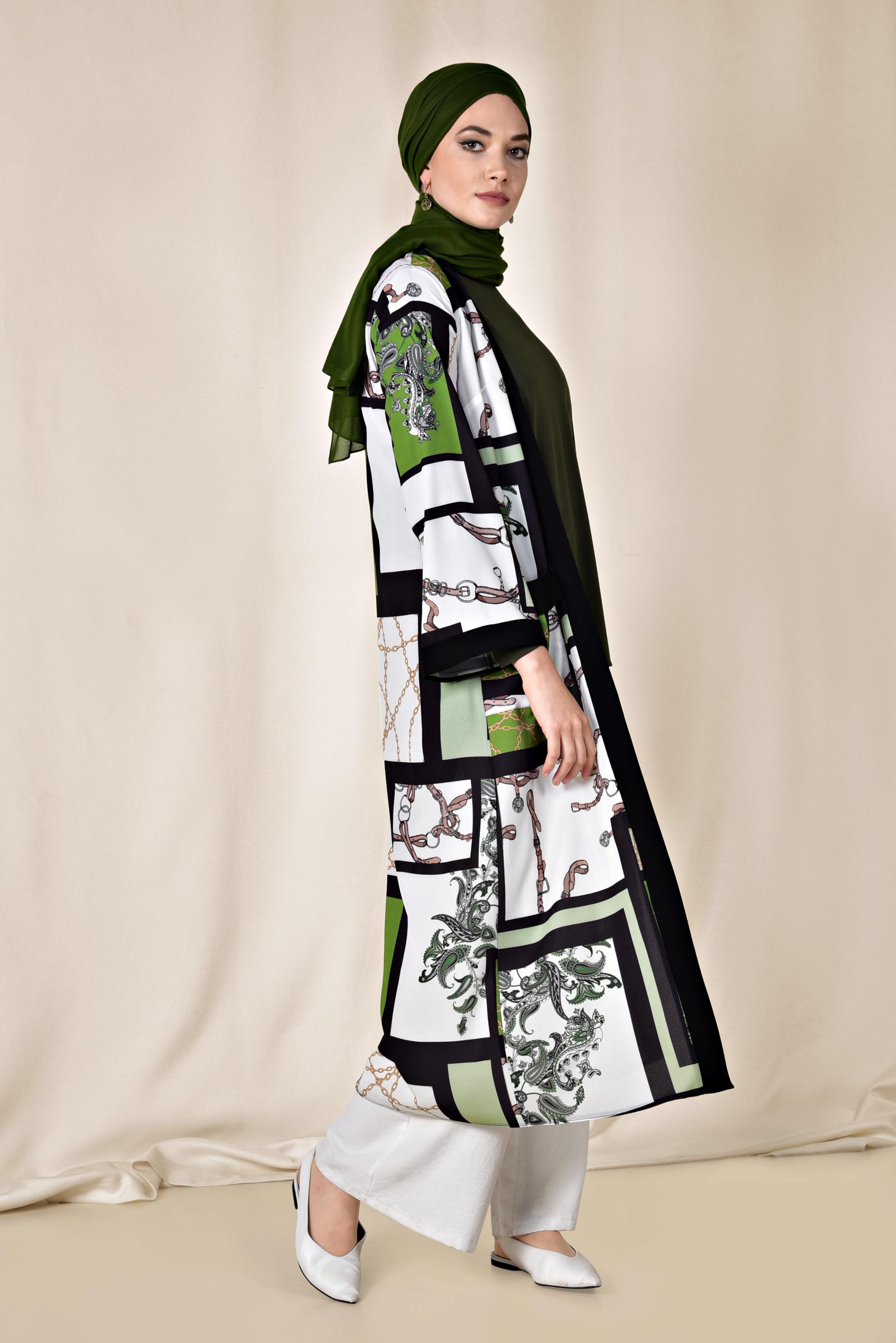 Hijab clothing GREEN POCKET DETAIL PATTERNED KIMONO 4921 