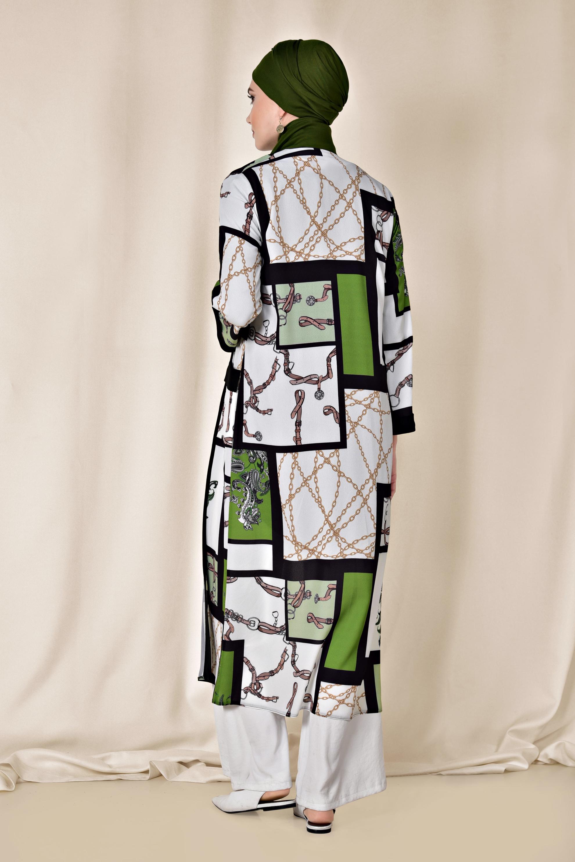 Hijab clothing GREEN POCKET DETAIL PATTERNED KIMONO 4921 