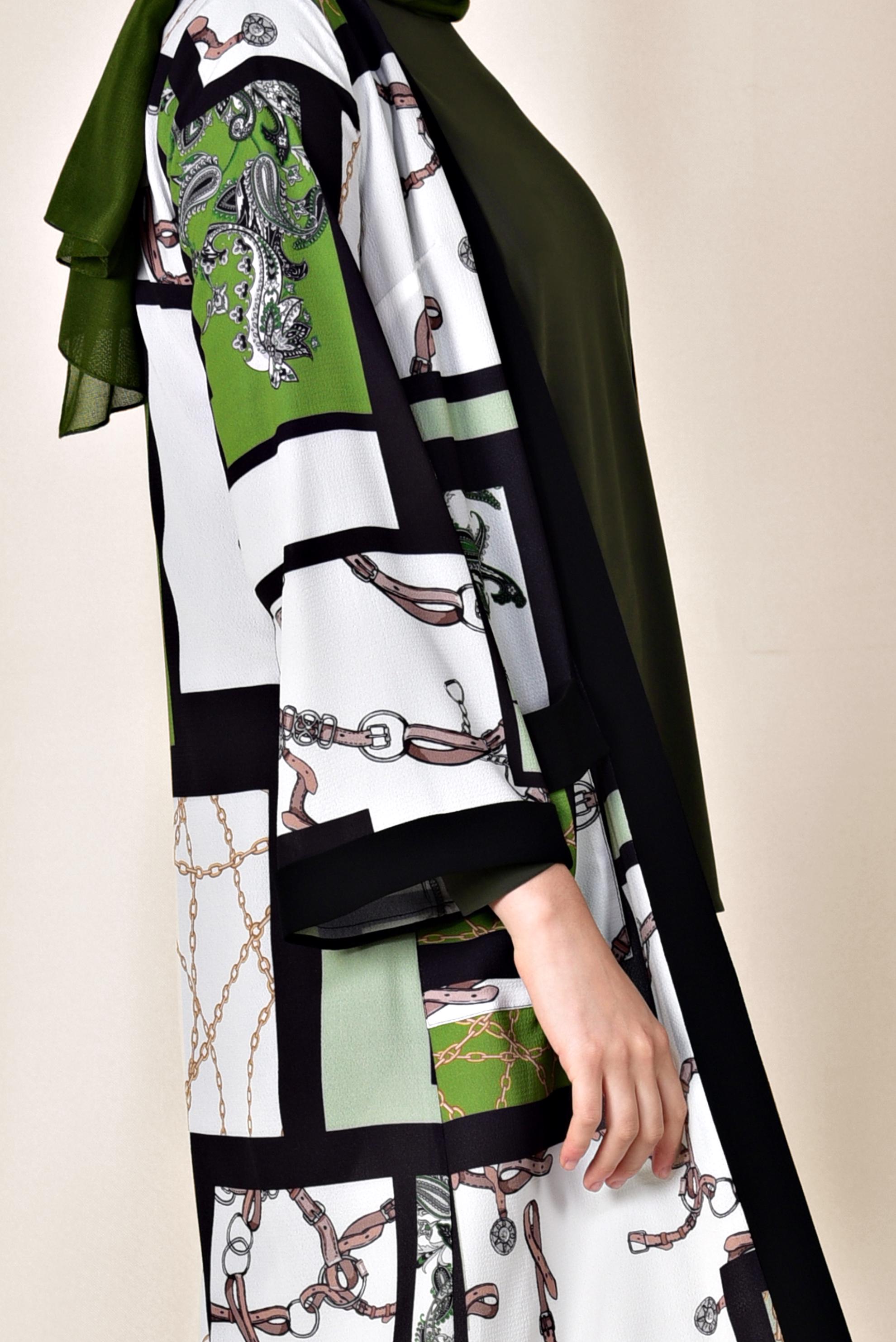 Hijab clothing GREEN POCKET DETAIL PATTERNED KIMONO 4921 