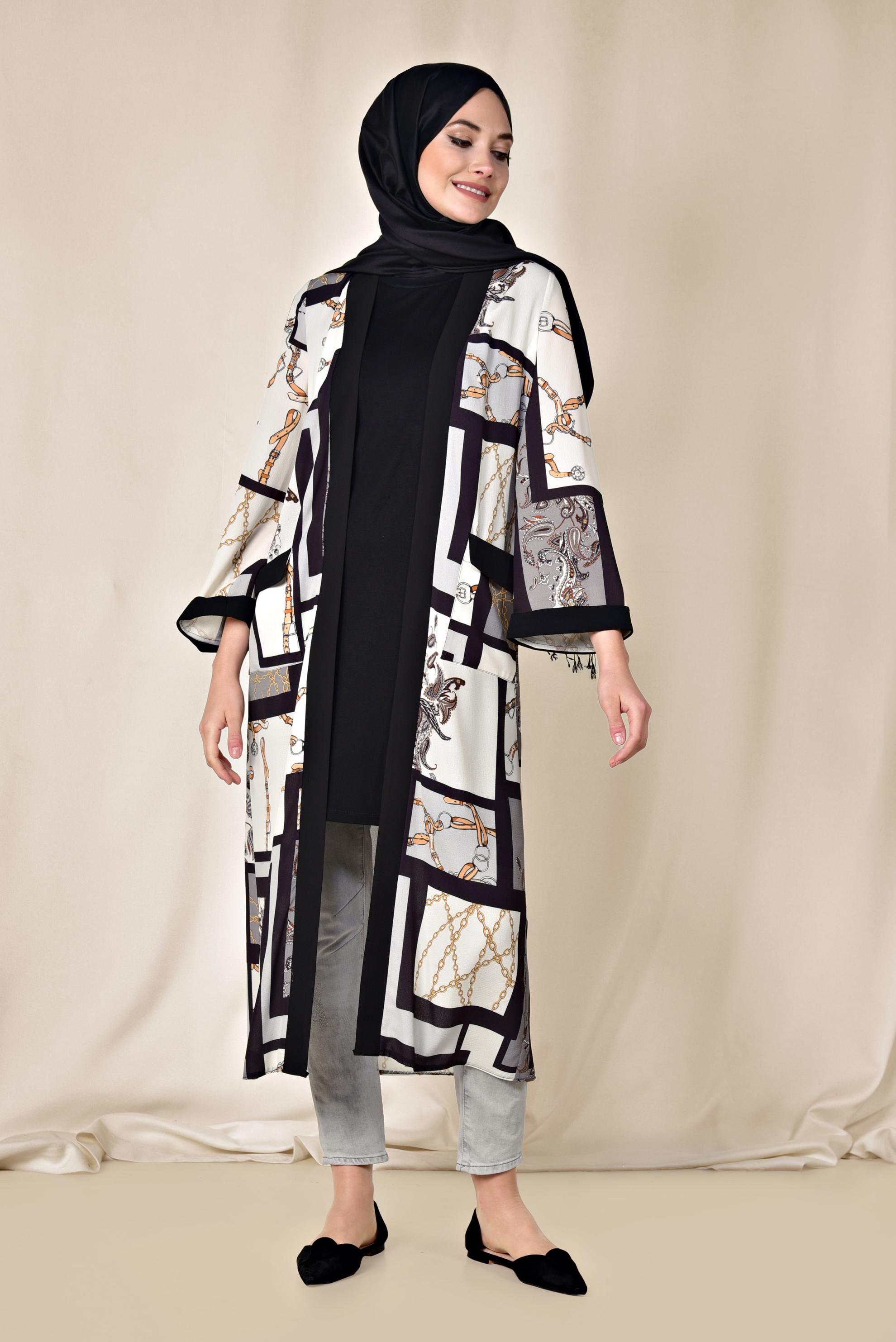 Hijab clothing GREY POCKET DETAIL PATTERNED KIMONO 4921 