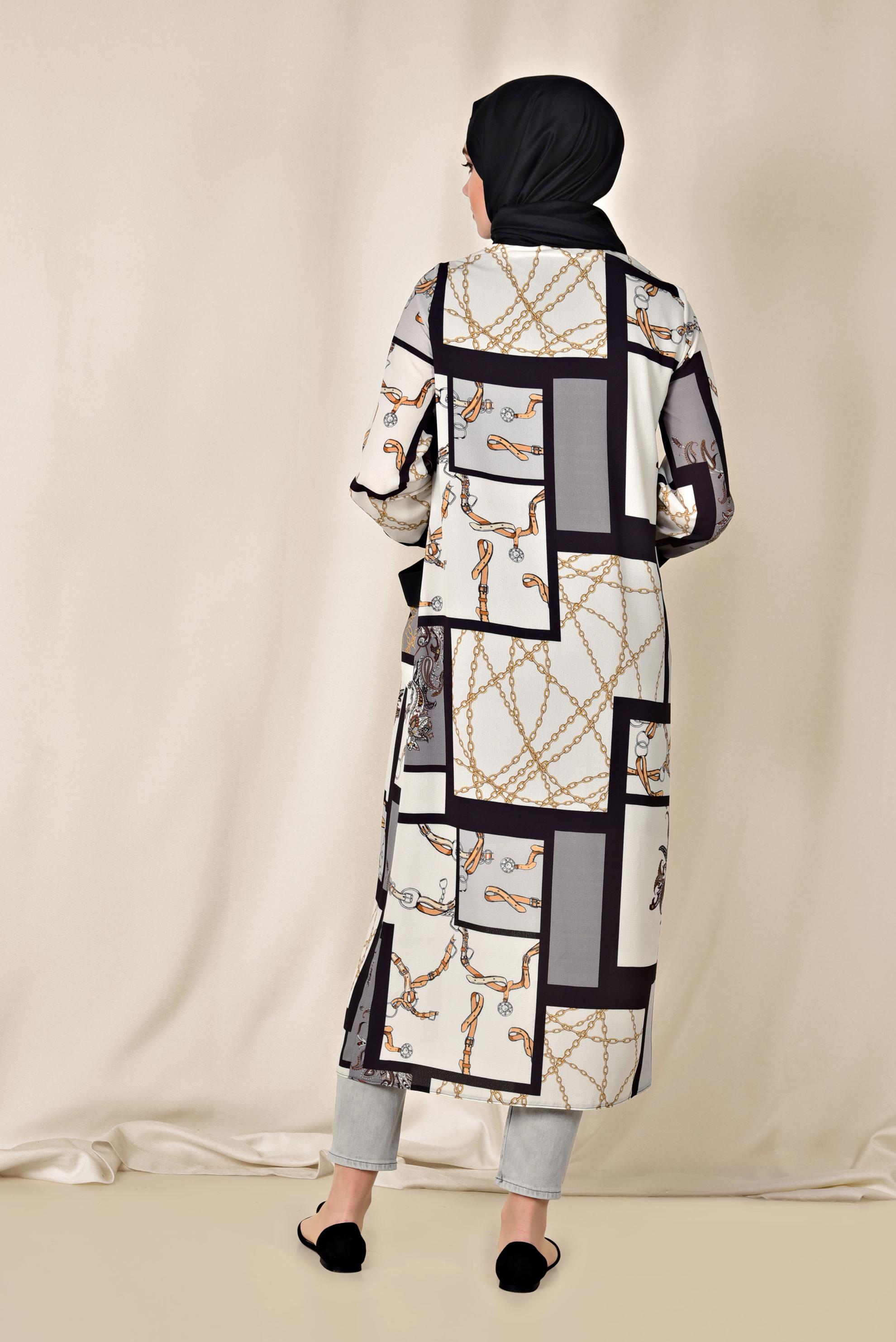 Hijab clothing GREY POCKET DETAIL PATTERNED KIMONO 4921 