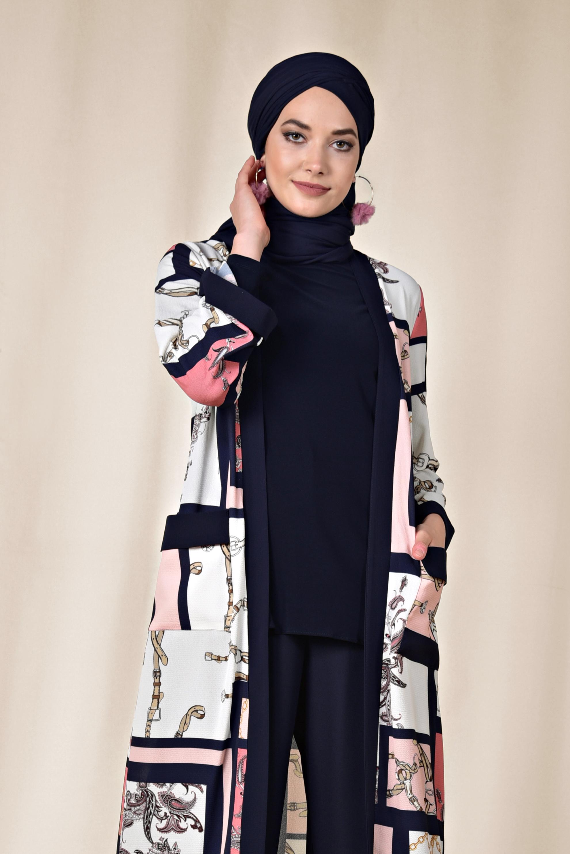 Tesettür giyim PUDRA CEPLİ DESENLİ KİMONO 4921