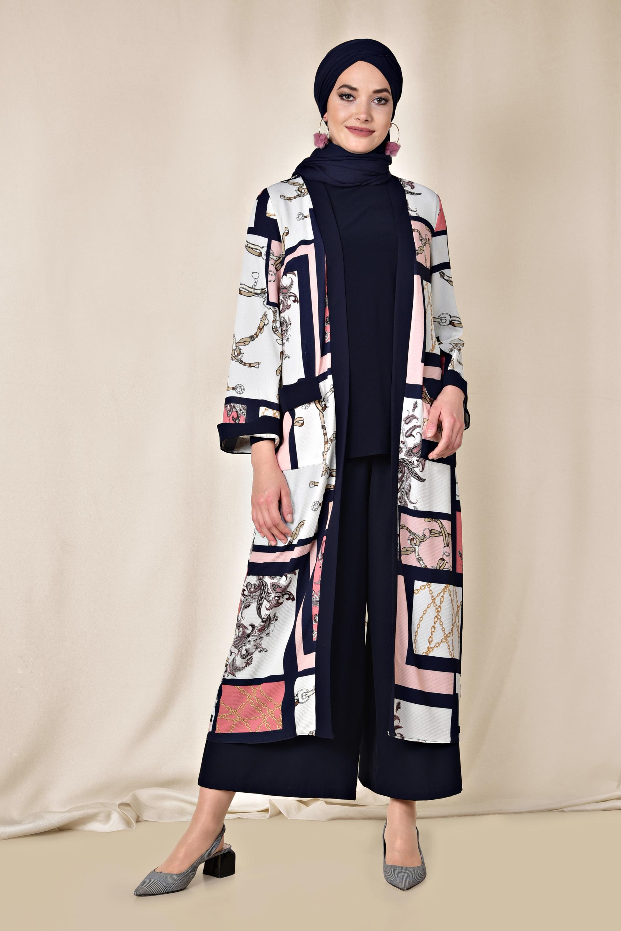 Tesettür giyim PUDRA CEPLİ DESENLİ KİMONO 4921