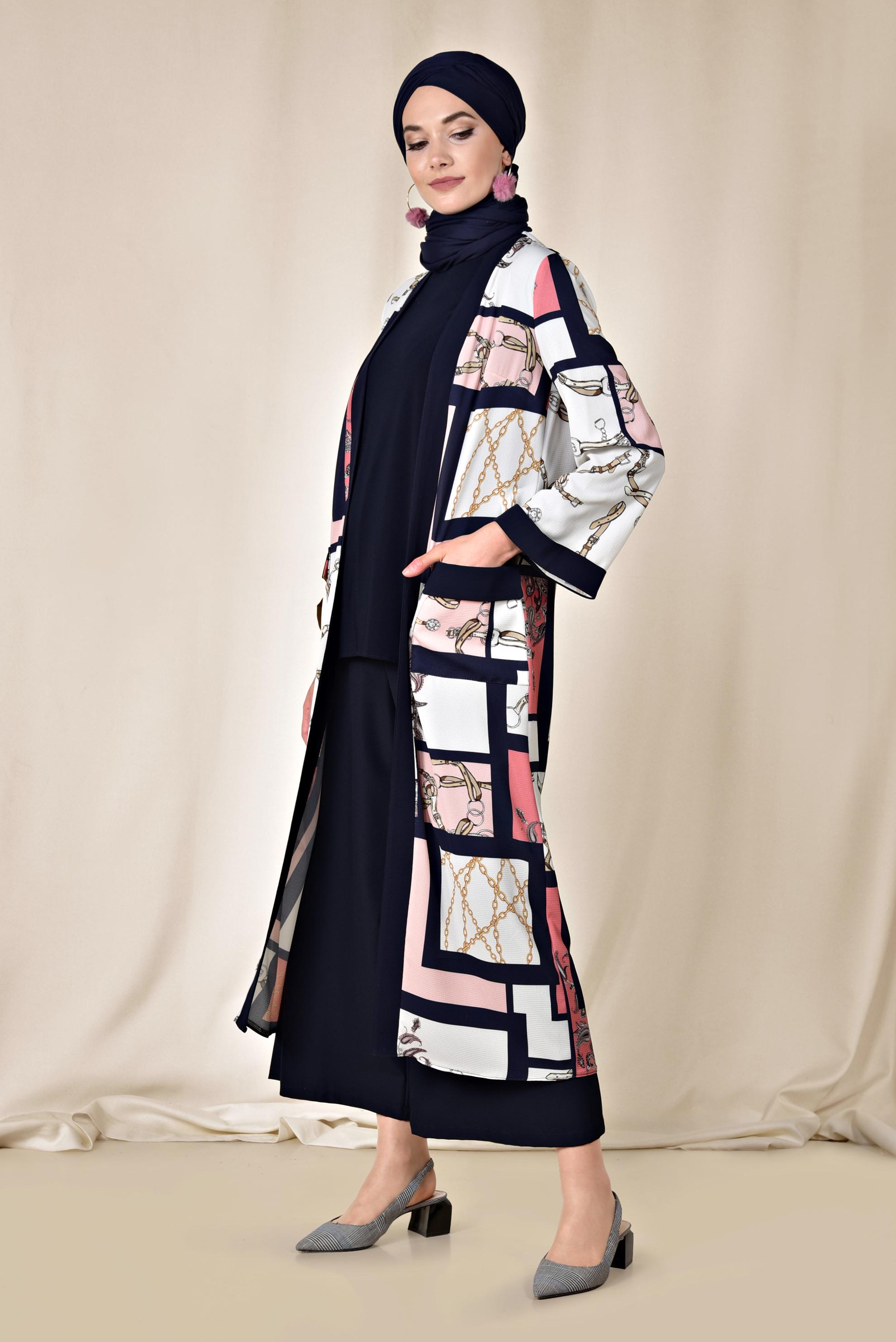 Tesettür giyim PUDRA CEPLİ DESENLİ KİMONO 4921