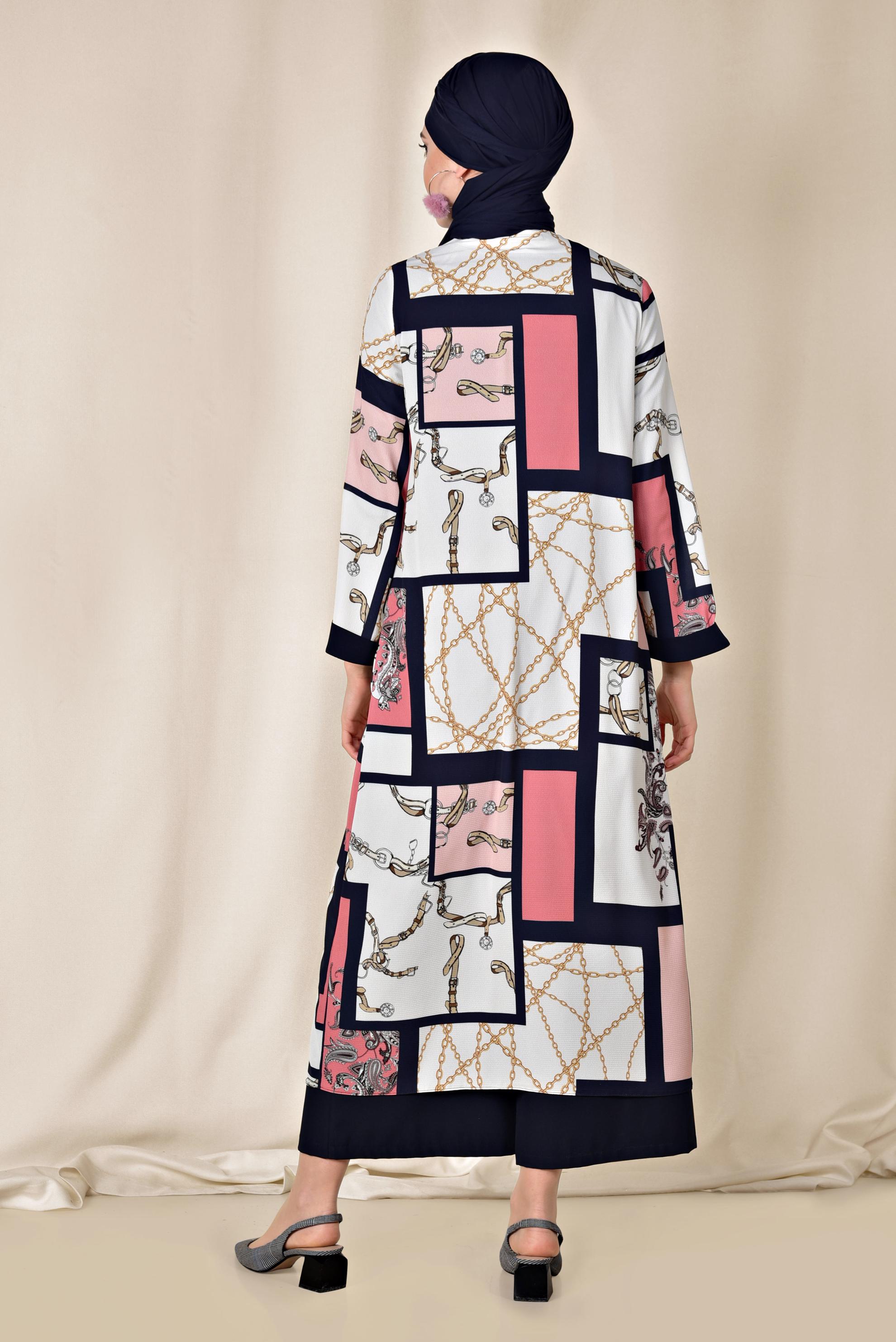 Tesettür giyim PUDRA CEPLİ DESENLİ KİMONO 4921