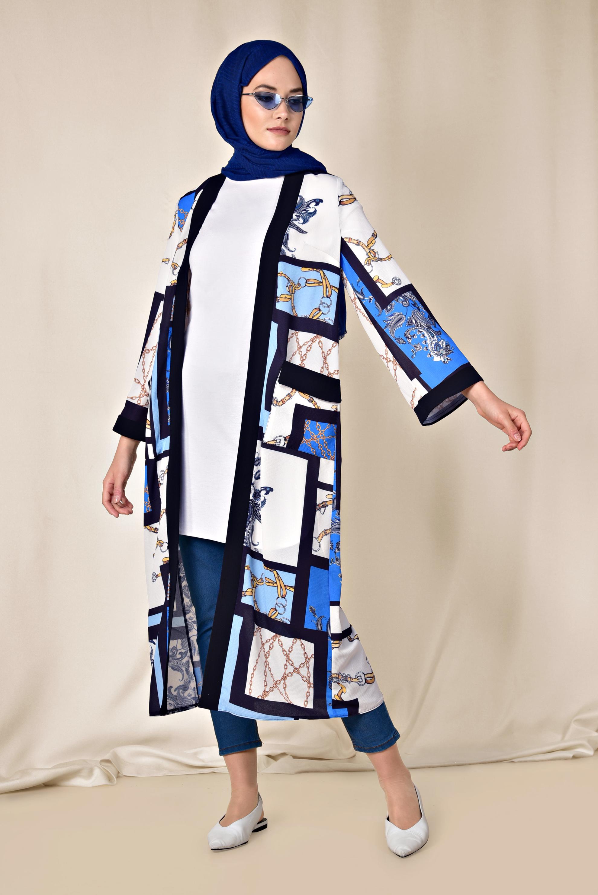 Hijab clothing NAVY BLUE POCKET DETAIL PATTERNED KIMONO 4921 