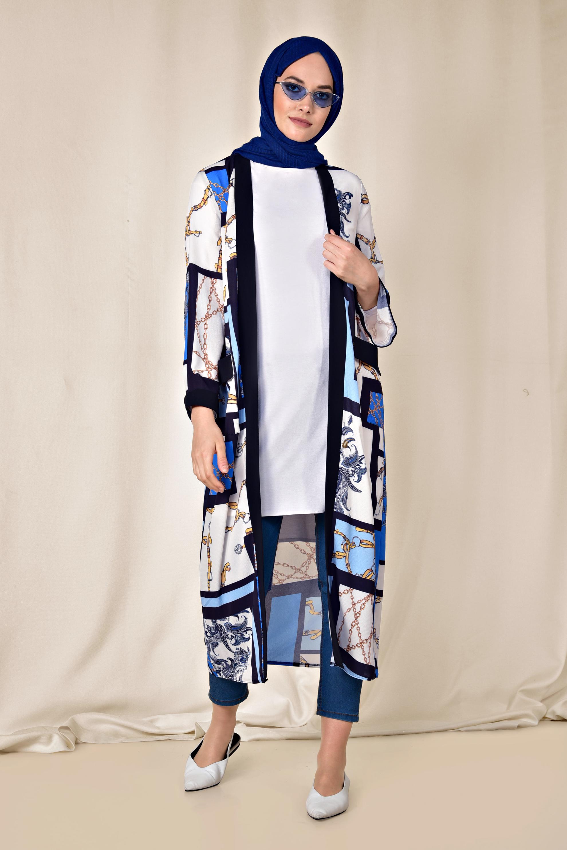 Hijab clothing NAVY BLUE POCKET DETAIL PATTERNED KIMONO 4921 