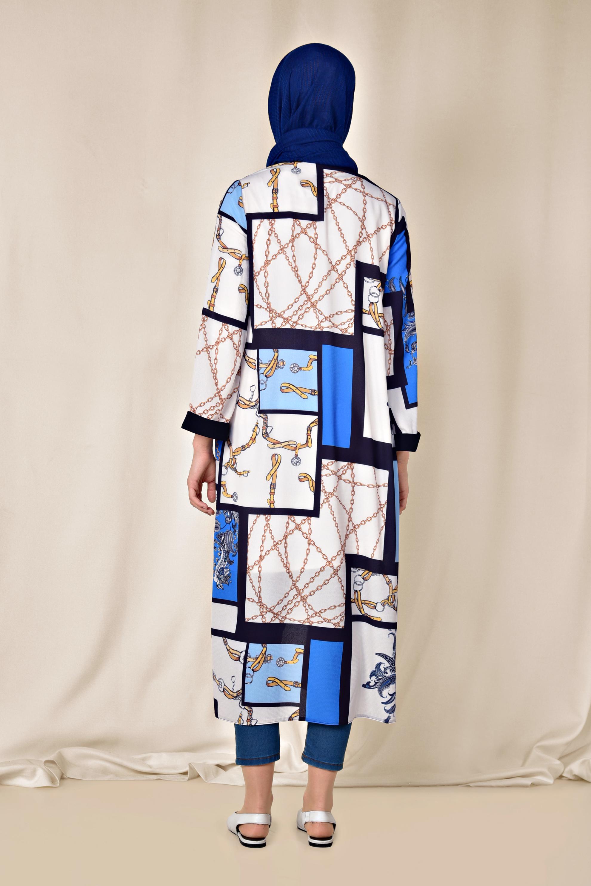 Hijab clothing NAVY BLUE POCKET DETAIL PATTERNED KIMONO 4921 