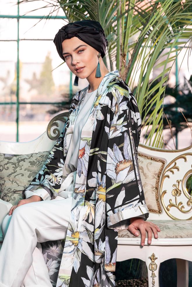 Hijab-Kleidung SCHWARZ ÇİÇEK DESENLİ UZUN KİMONO 4934 - ALVİNA