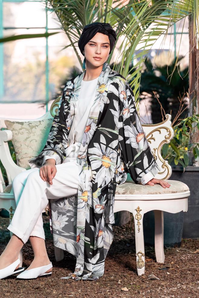 Hijab-Kleidung SCHWARZ ÇİÇEK DESENLİ UZUN KİMONO 4934 - ALVİNA