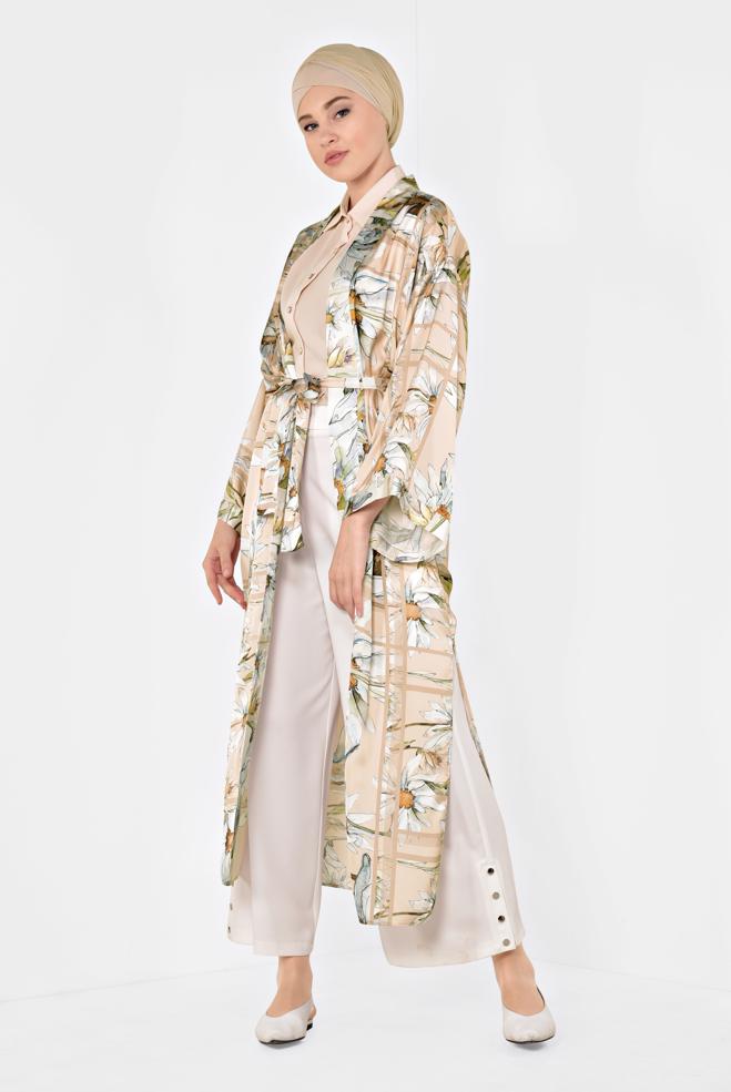 Hijab clothing POWDER FLORAL PATTERN LONG KIMONO 4934  - ALVİNA