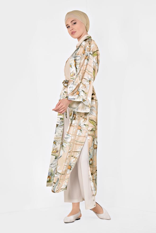 Hijab clothing POWDER FLORAL PATTERN LONG KIMONO 4934  - ALVİNA