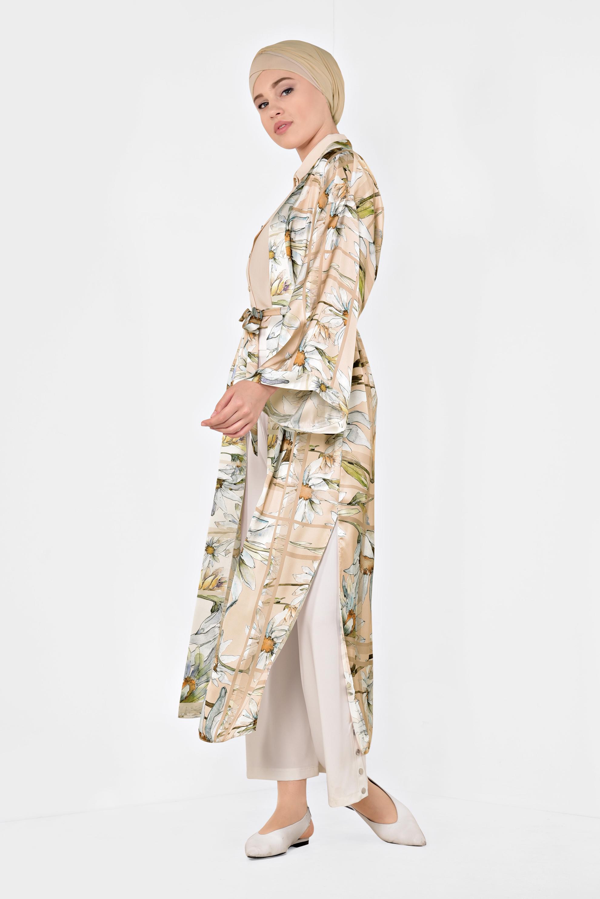 Vêtements hijab POUDRE KIMONO LONG MOTIF FLORAL 4934
