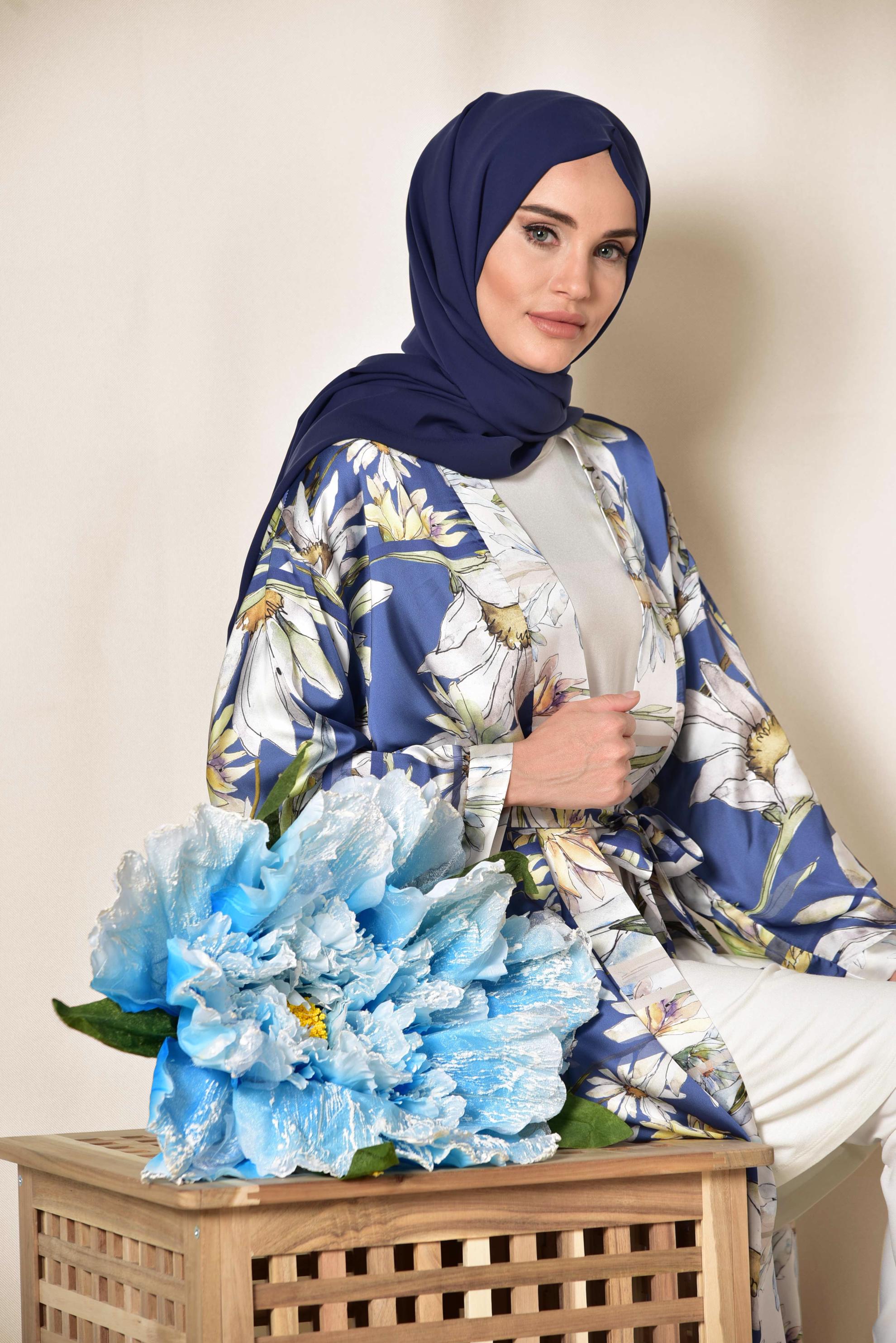 Hijab clothing NAVY BLUE FLORAL PATTERN LONG KIMONO 4934 