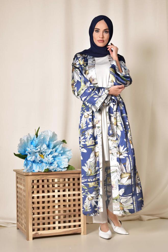Hijab clothing NAVY BLUE FLORAL PATTERN LONG KIMONO 4934  - ALVİNA