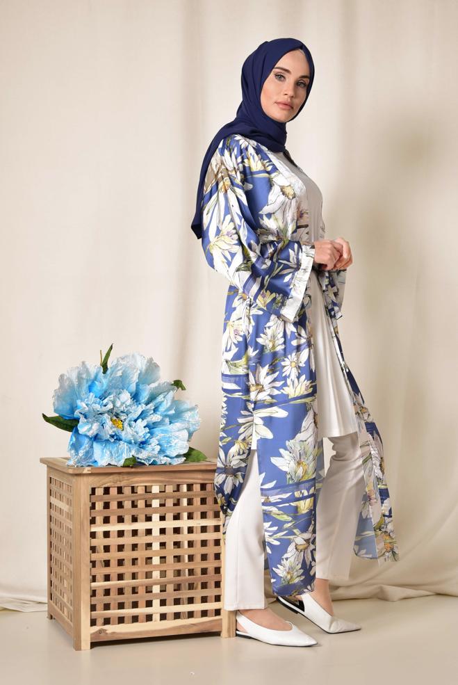 Hijab clothing NAVY BLUE FLORAL PATTERN LONG KIMONO 4934  - ALVİNA