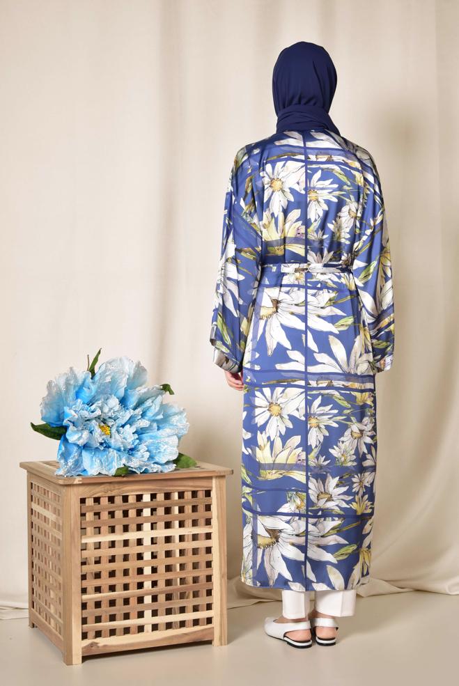 Hijab clothing NAVY BLUE FLORAL PATTERN LONG KIMONO 4934  - ALVİNA