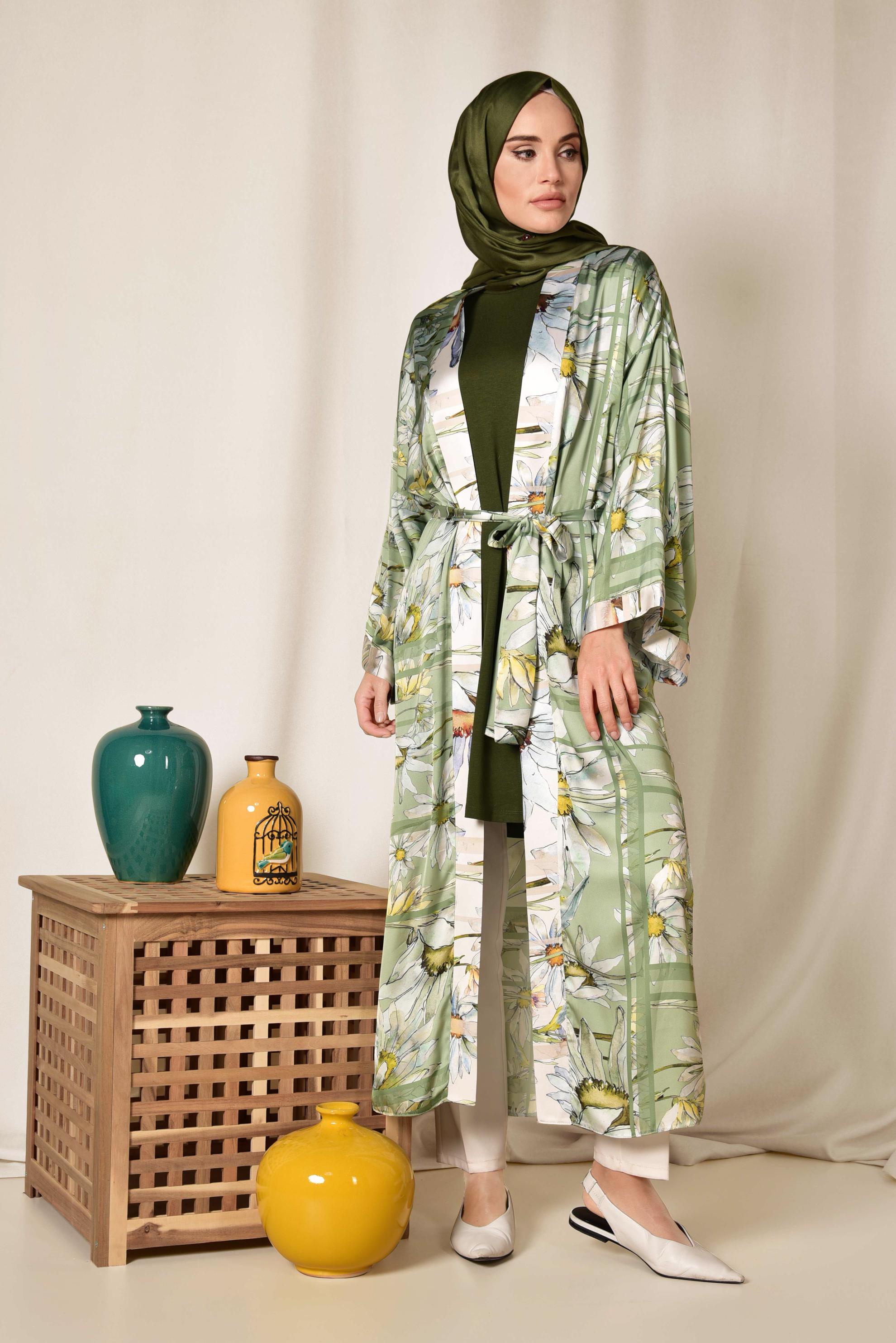 Vêtements hijab VERT KIMONO LONG MOTIF FLORAL 4934