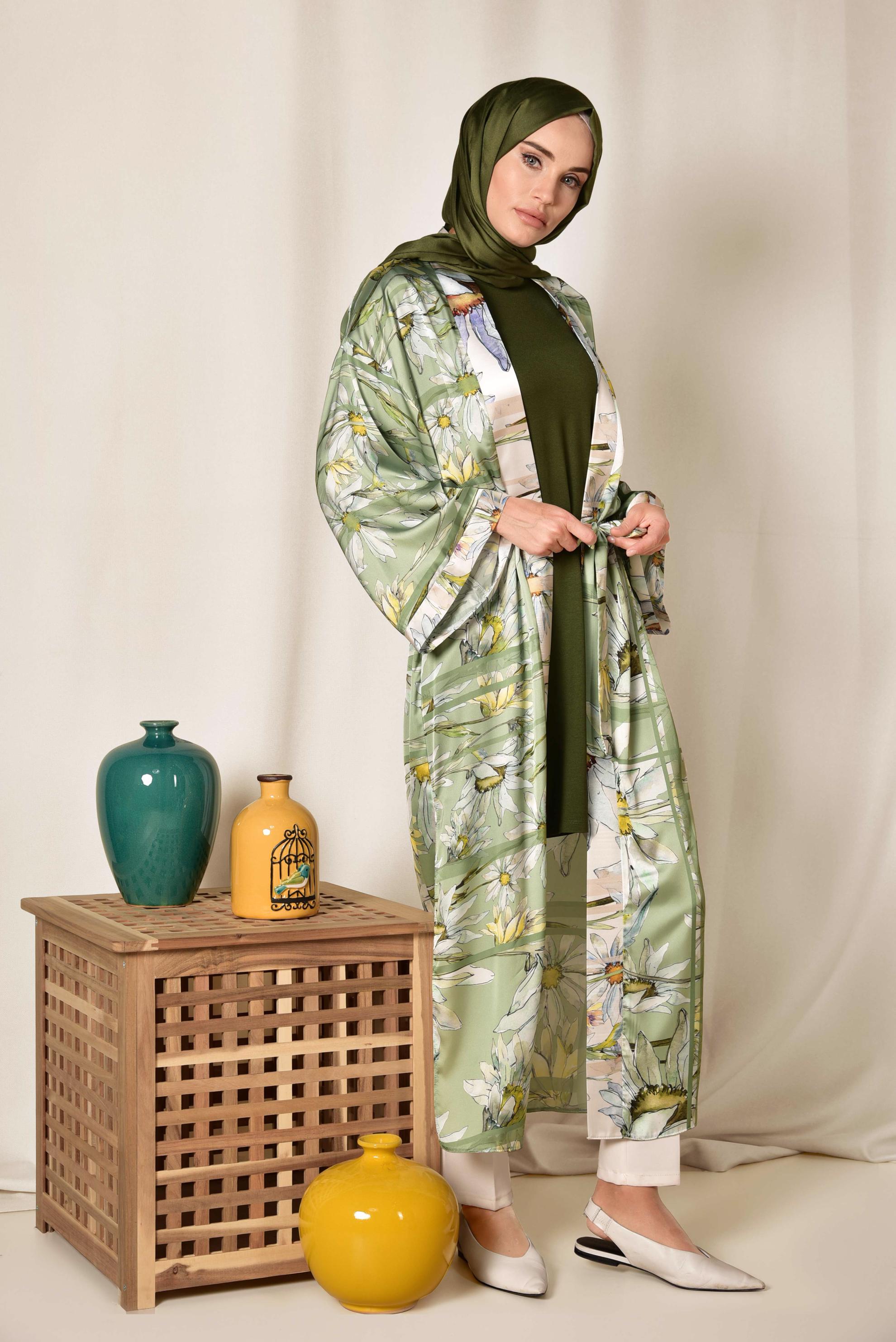 Vêtements hijab VERT KIMONO LONG MOTIF FLORAL 4934