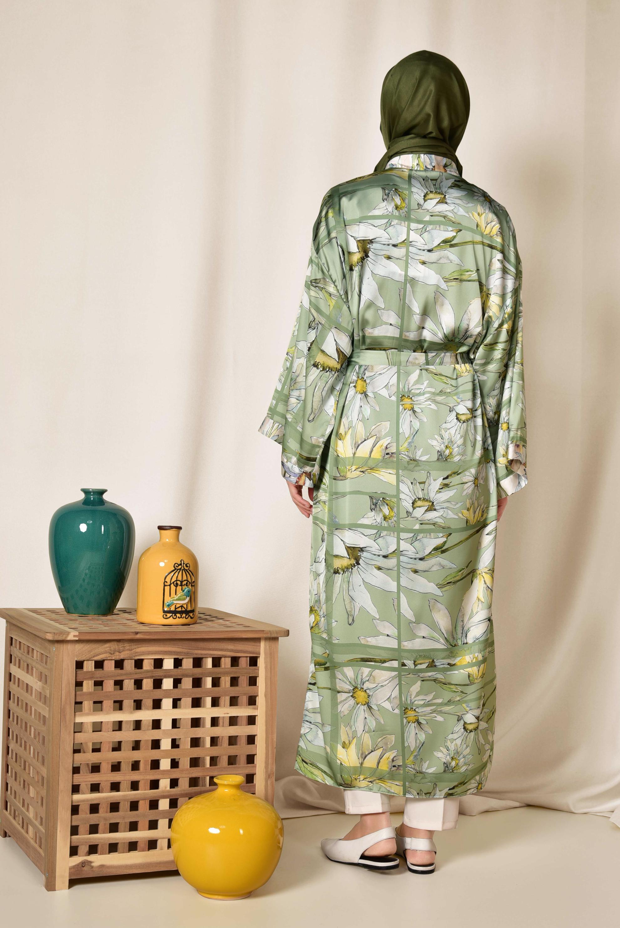 Vêtements hijab VERT KIMONO LONG MOTIF FLORAL 4934