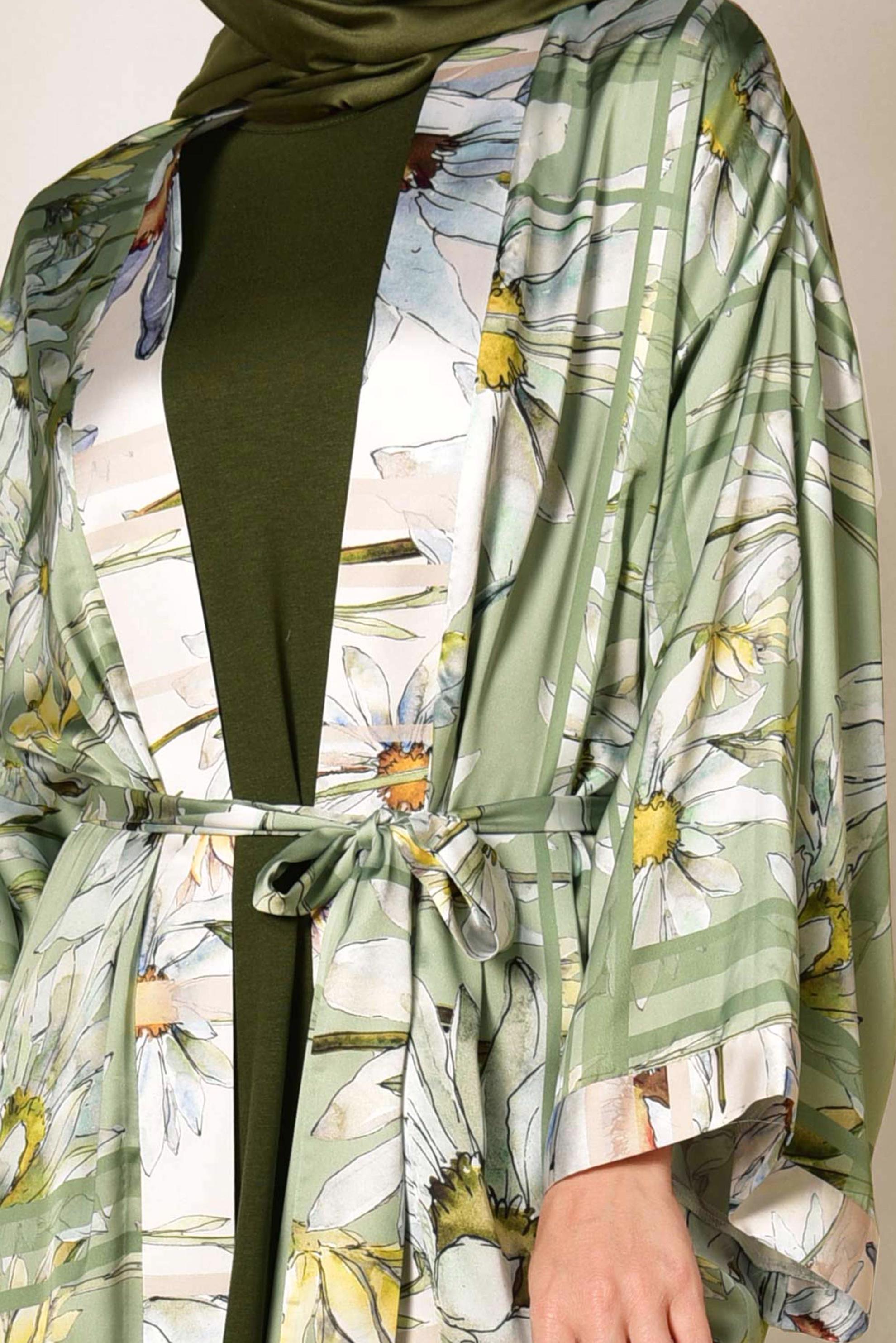 Vêtements hijab VERT KIMONO LONG MOTIF FLORAL 4934
