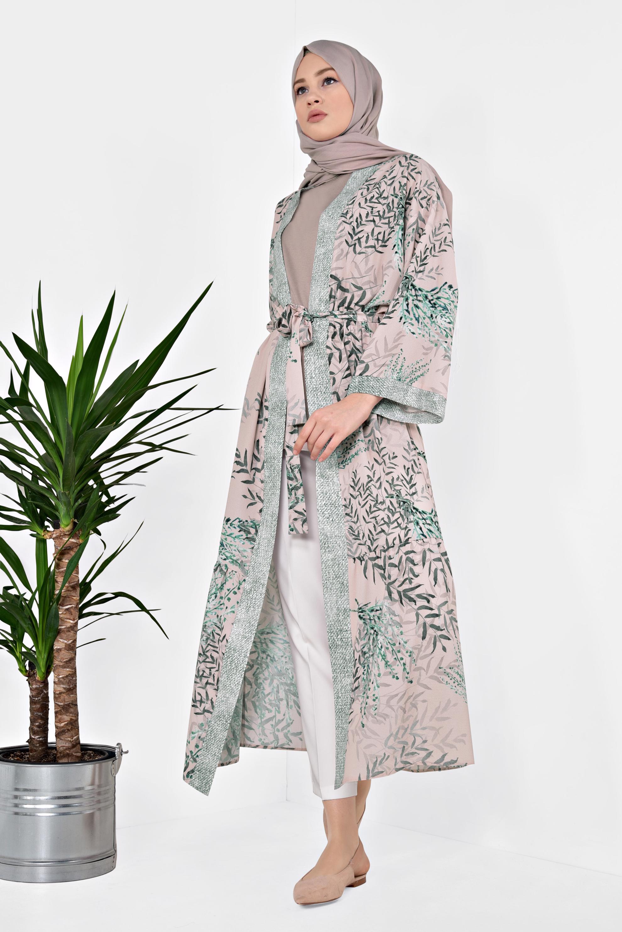 Tesettür giyim PUDRA DESENLİ VE KUŞAKLI KİMONO 4958	