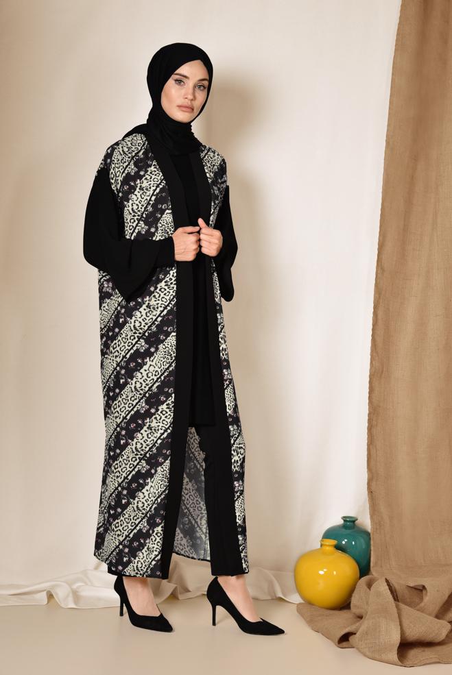 Hijab clothing BLACK LEOPARD PATTERN FLORAL KIMONO 4959  - ALVİNA