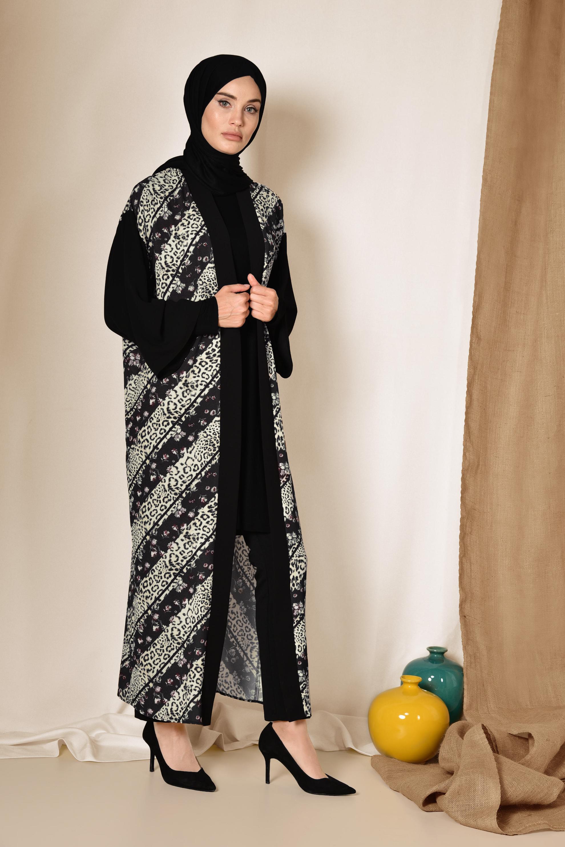 Vêtements hijab NOIR KIMONO FLORAL MOTIF LÉOPARD 4959