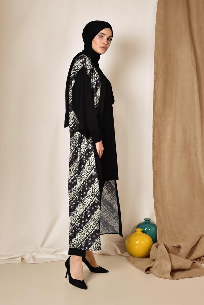 Hijab clothing BLACK LEOPARD PATTERN FLORAL KIMONO 4959  - ALVİNA