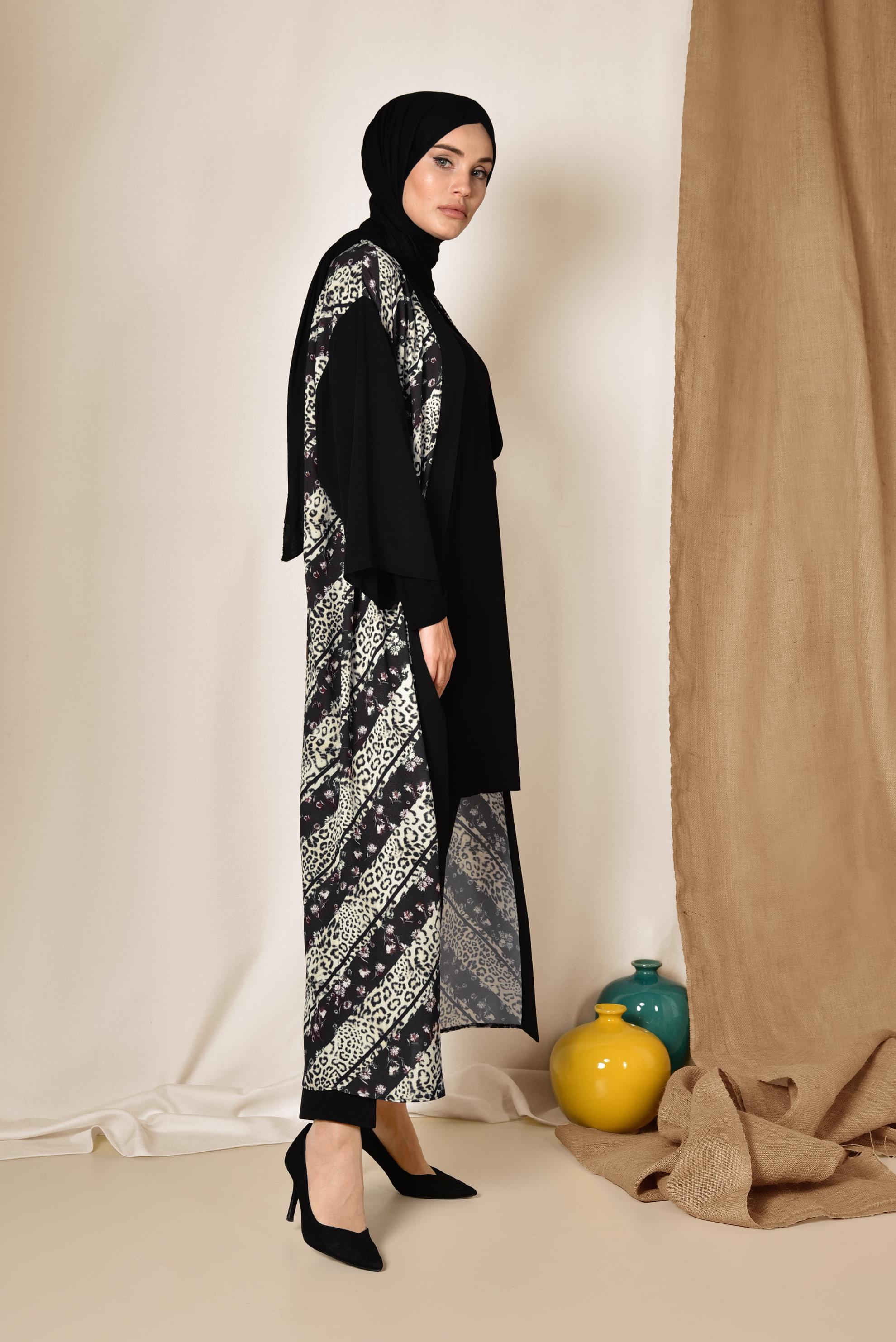Vêtements hijab NOIR KIMONO FLORAL MOTIF LÉOPARD 4959