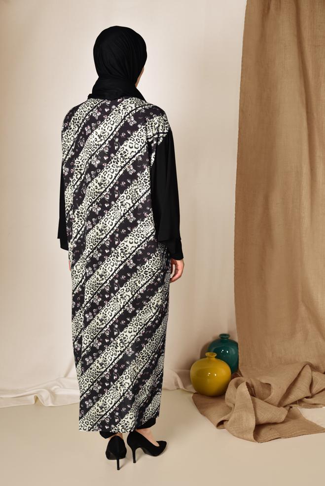 Hijab clothing BLACK LEOPARD PATTERN FLORAL KIMONO 4959  - ALVİNA