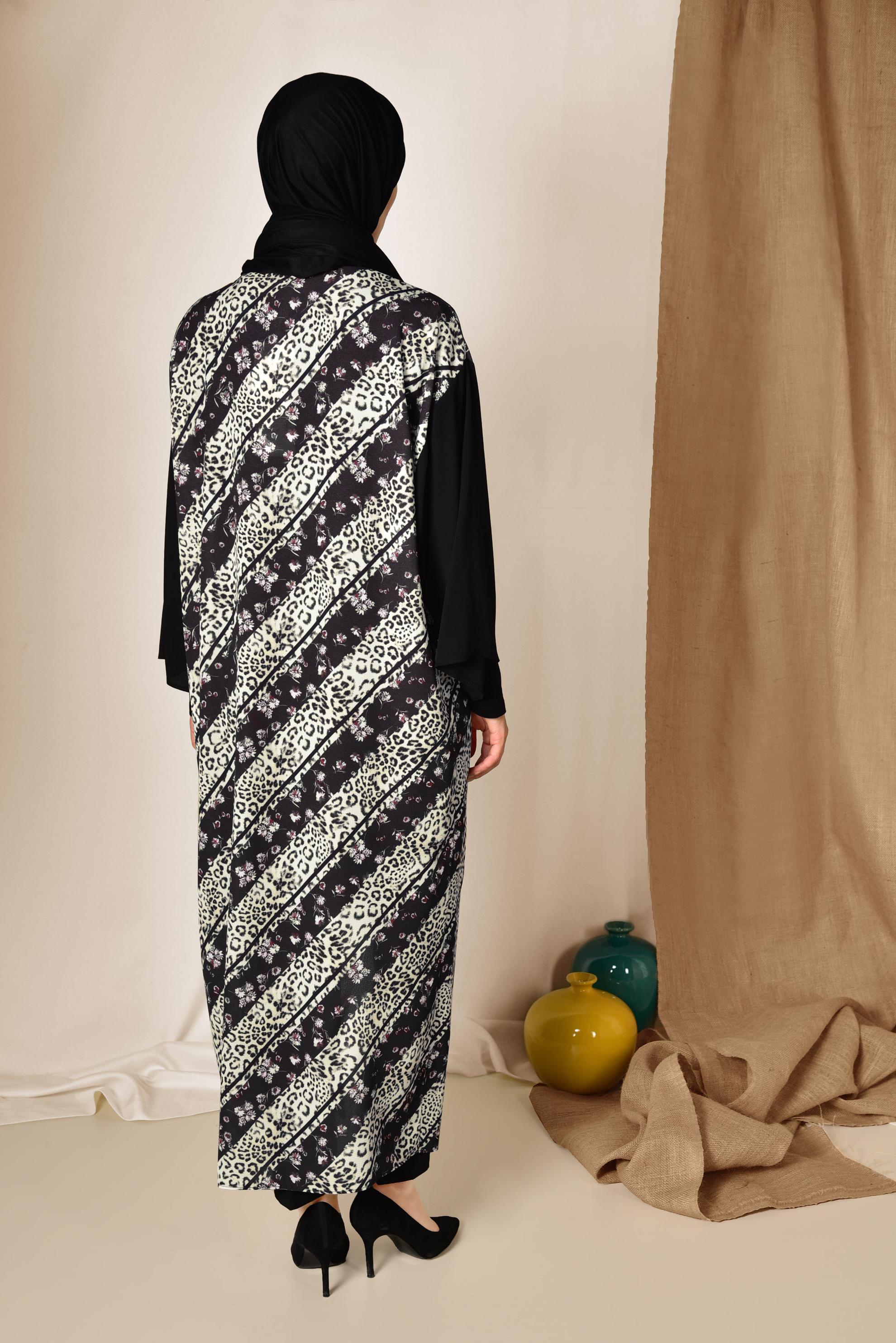 Vêtements hijab NOIR KIMONO FLORAL MOTIF LÉOPARD 4959
