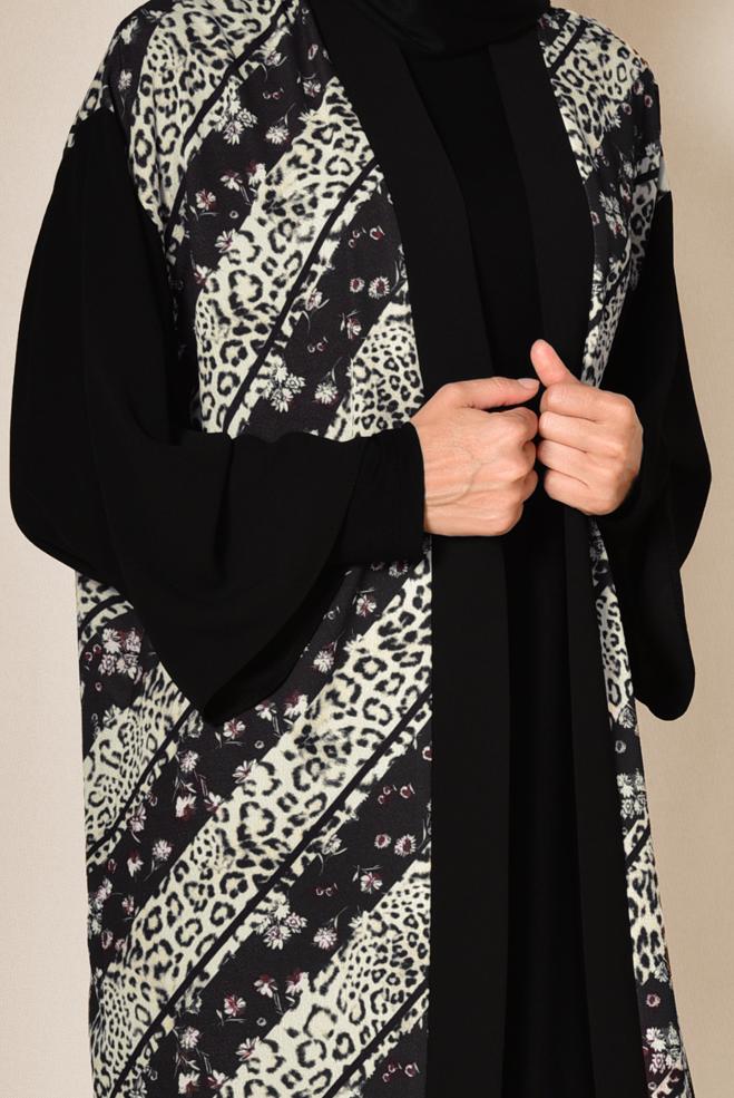 Hijab clothing BLACK LEOPARD PATTERN FLORAL KIMONO 4959  - ALVİNA