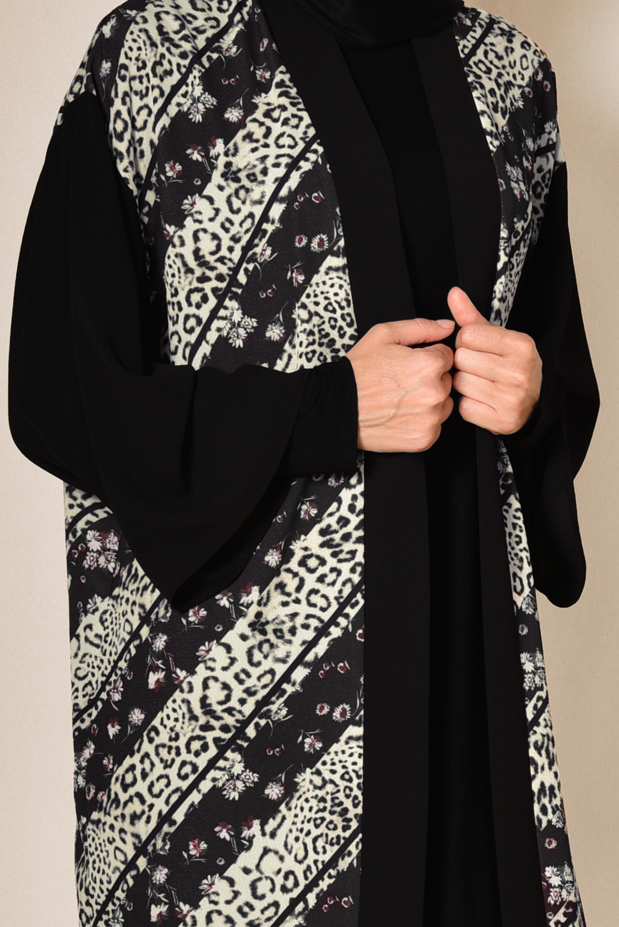 Vêtements hijab NOIR KIMONO FLORAL MOTIF LÉOPARD 4959