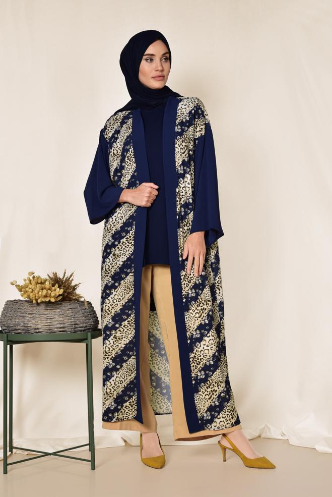 Hijab clothing NAVY BLUE LEOPARD PATTERN FLORAL KIMONO 4959  - ALVİNA