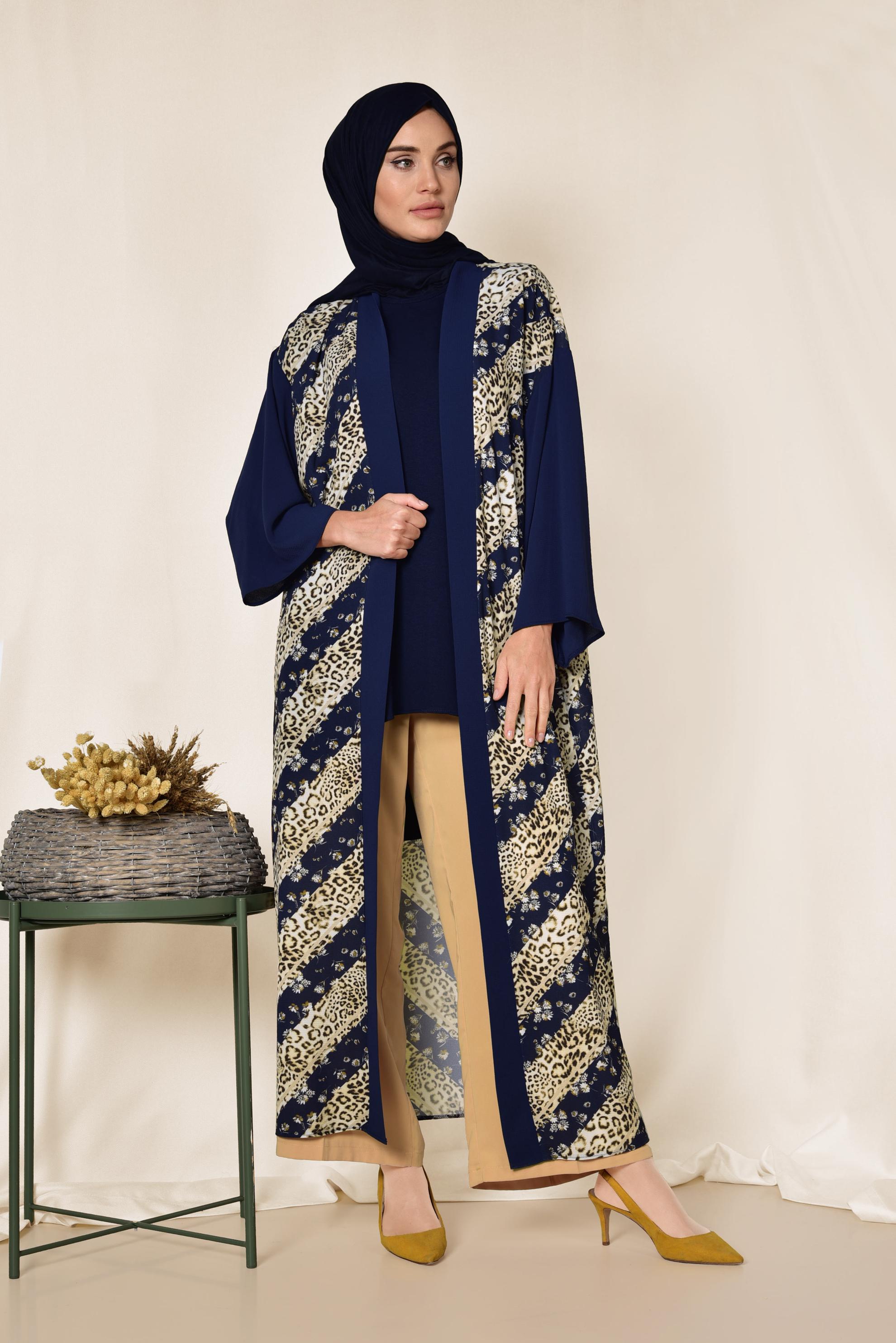 Vêtements hijab BLEU MARINE KIMONO FLORAL MOTIF LÉOPARD 4959