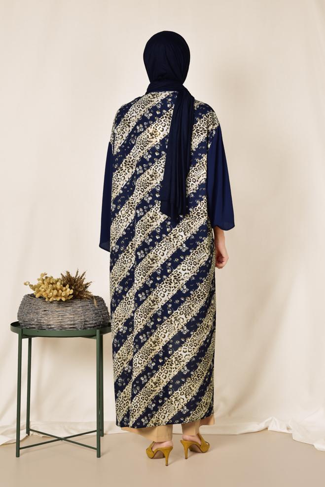 Hijab clothing NAVY BLUE LEOPARD PATTERN FLORAL KIMONO 4959  - ALVİNA
