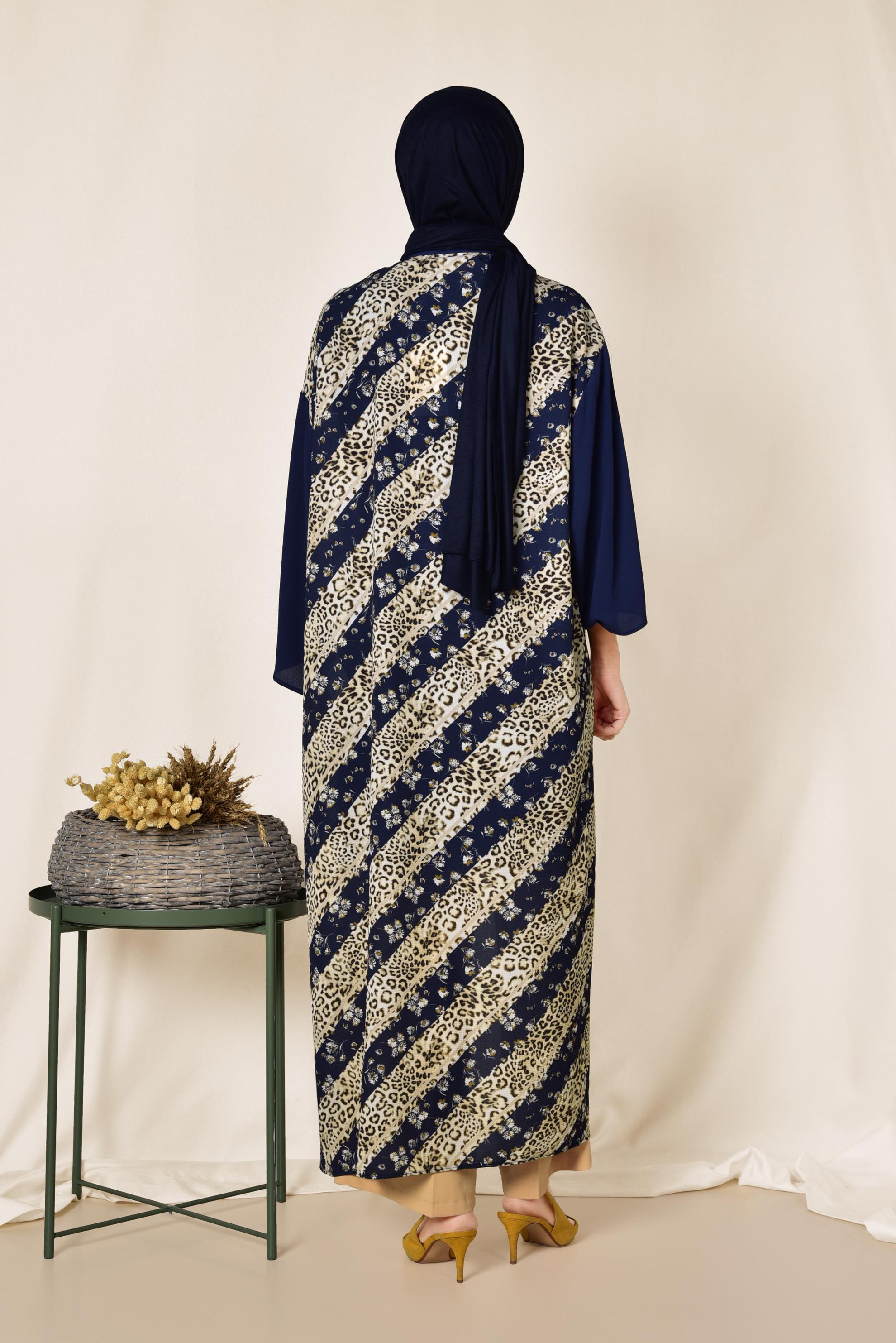 Vêtements hijab BLEU MARINE KIMONO FLORAL MOTIF LÉOPARD 4959