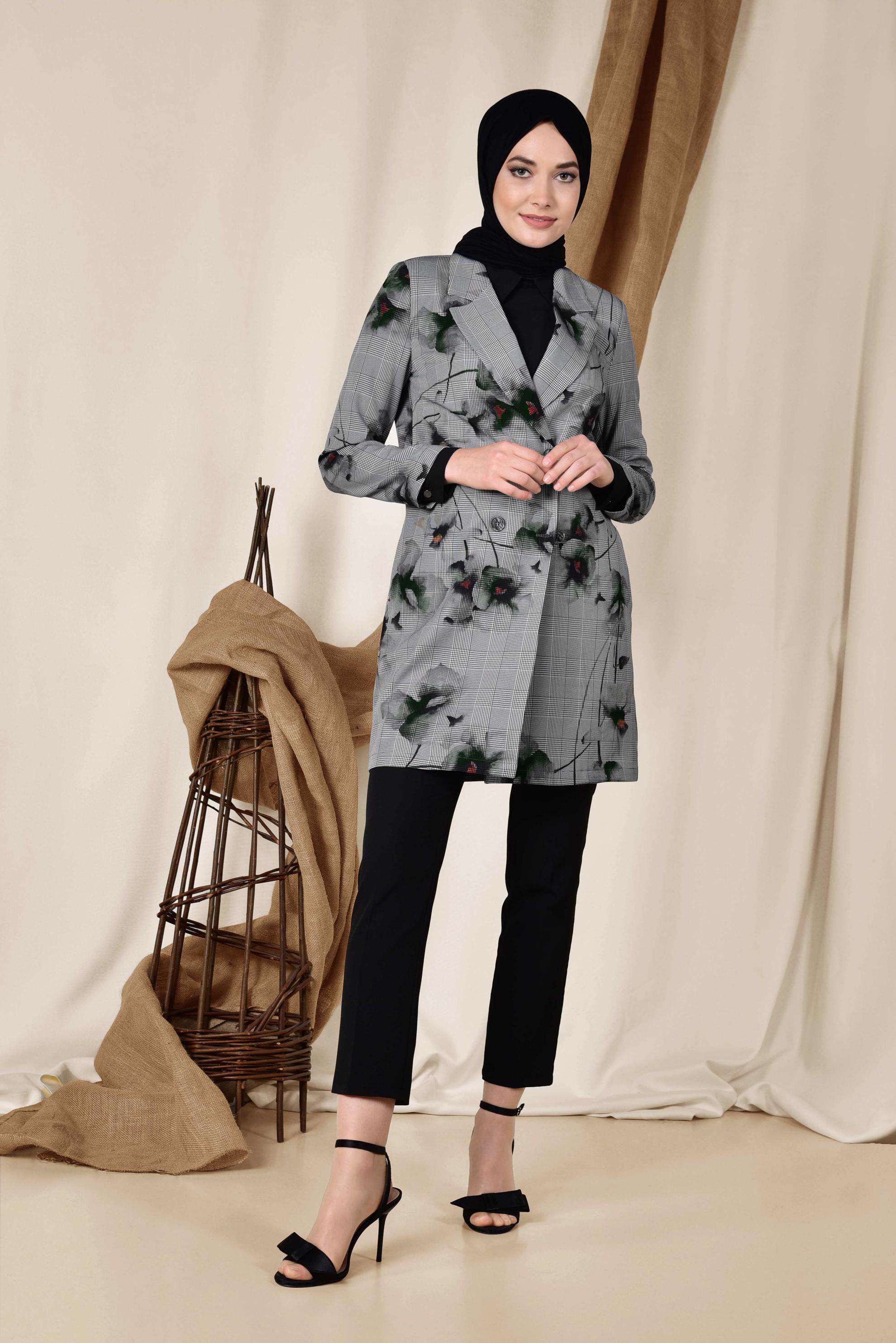 Hijab clothing BLACK FLORAL PATTERN CHECKED JACKET 4961 
