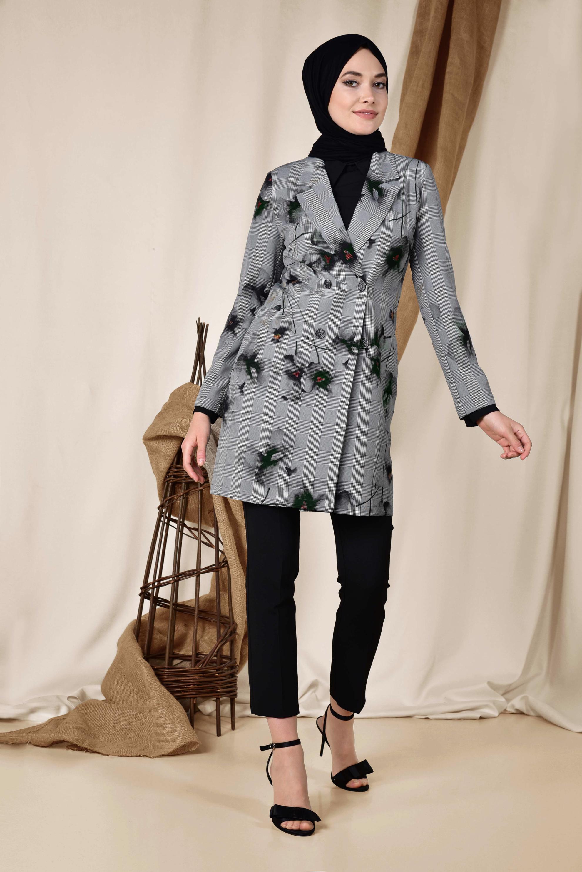 Hijab clothing BLACK FLORAL PATTERN CHECKED JACKET 4961 